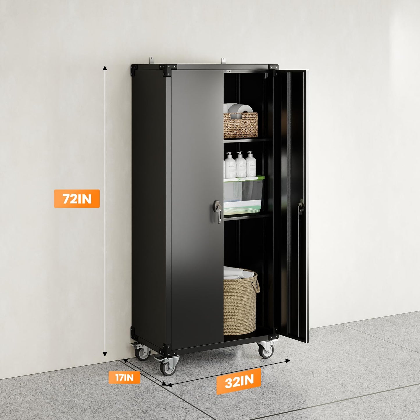 DUMOS 72" H Black Metal Garage Storage Cabinets with Lock Door, Adjustable Shelves and Wheels, Steel Tool Cabinets for Home,Office,Warehouse