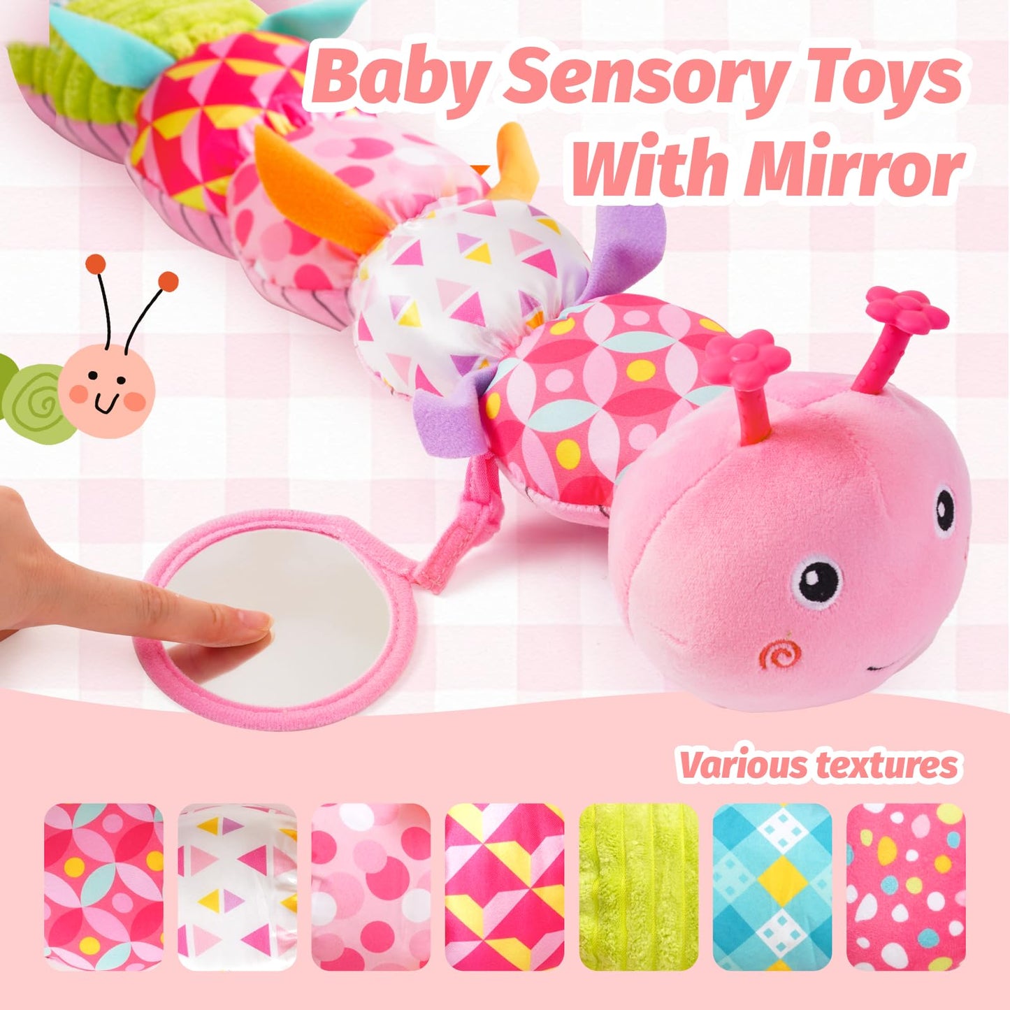 Baby Toys 0-6 Months, Musical Caterpillar Plush Toy with Rattles,Crinkle Sound, Mirror, Newborn Sensory Toys for Infants Developmental Stuffed Animal with Tummy Time for Boys Girls 6-12 Month (Pink)