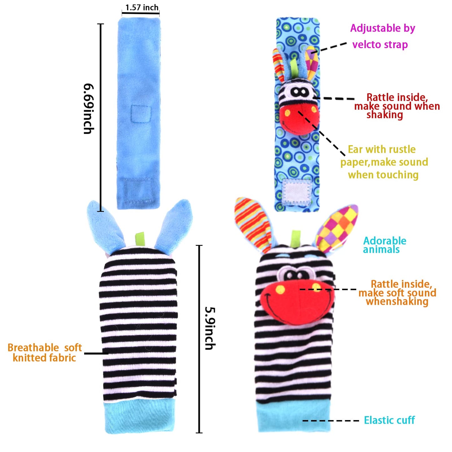Wrist Rattle Foot Finder Socks Set for Baby Arm Hand Rattle Feet Leg Ankle Socks Newborn Soft Sensory Toys Baby Socks Newborn Rattles Toys Easter Gifts 0-3 6-12 Months Infant Girl Boy