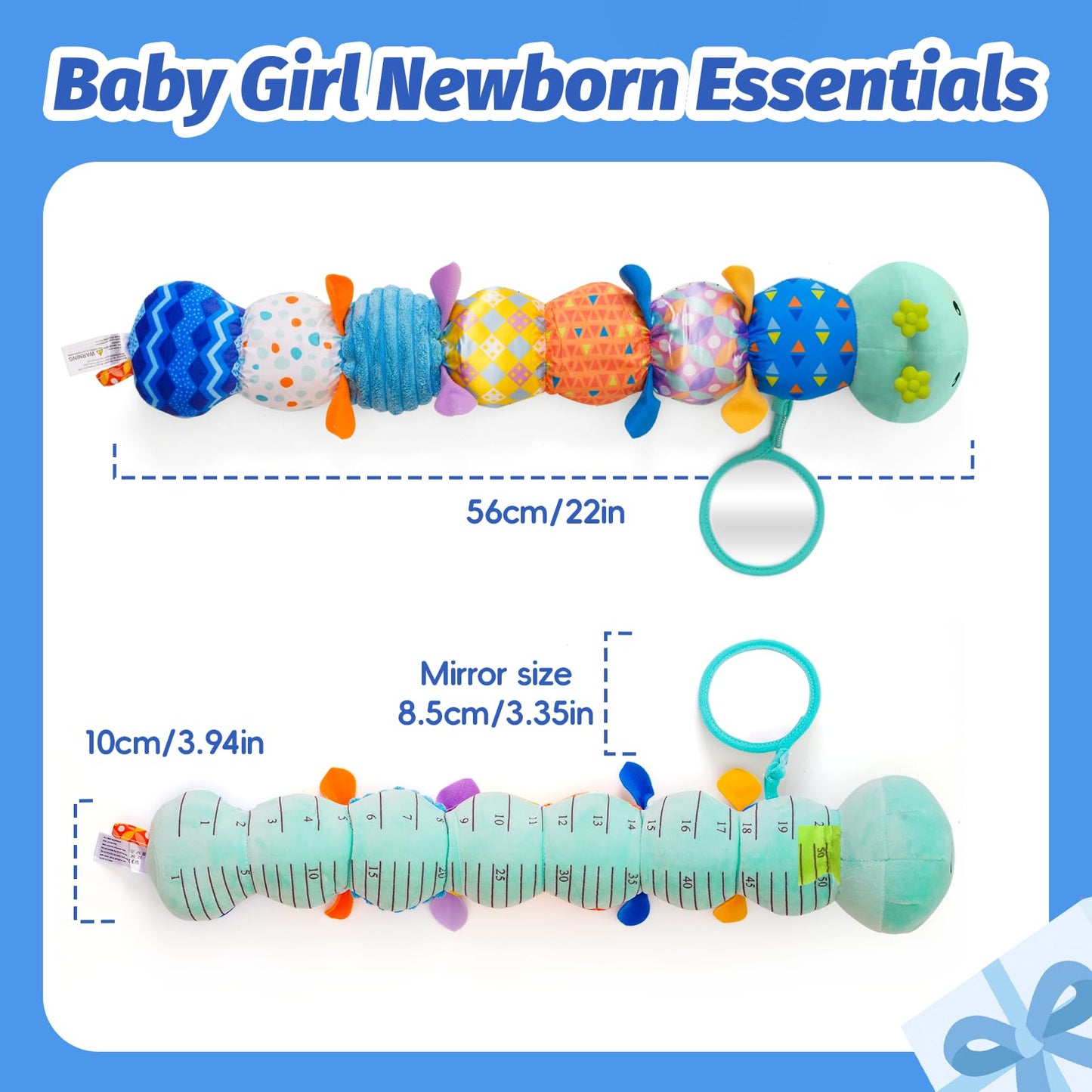 Baby Toys 0-6 Month, Musical Caterpillar Rattle, Infants Sensory Toy with Mirror Crinkle Textures, Newborn Developmental Tummy Time Stuffed Plush Animal toys for Babies Boys Girls 3-6-12 Months (Blue)