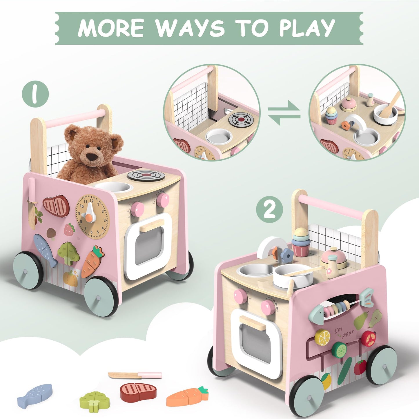 Gigglegems Wooden Baby Walker 4-in-1 with Push Walker Toys, Play Kitchen Accessories, Toddlers Montessori Sensory Toys, Walking Toys for Baby Girls Boys Learning to Walk