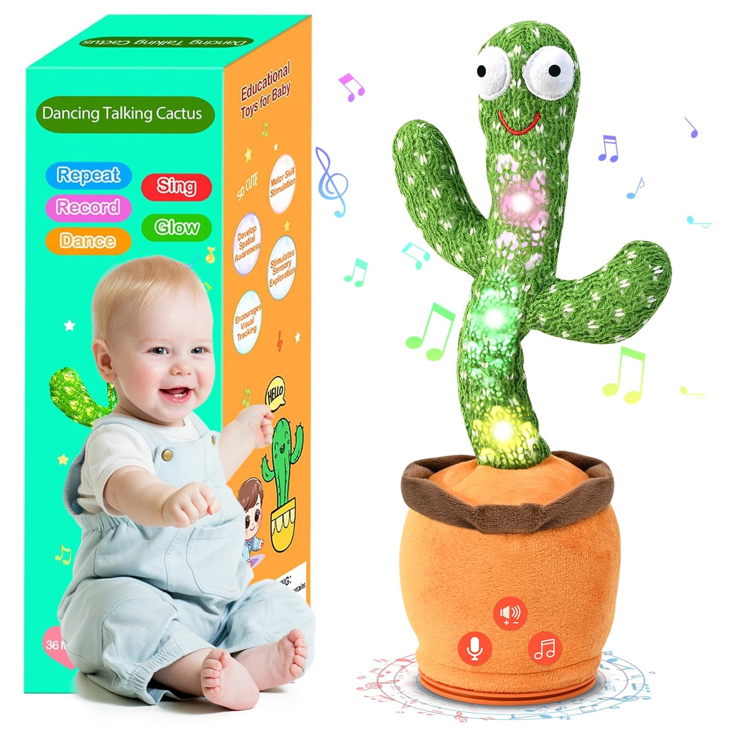 Dancing Talking Cactus Baby Toys 0-6 3-6 6-12 12-18 Months, Toddler Boys Girls Gifts for 2 3 4 5 6 7 8 9 10 Month Old Baby Toy Singing Mimicking Recording Repeating What You Say with 120 English Songs