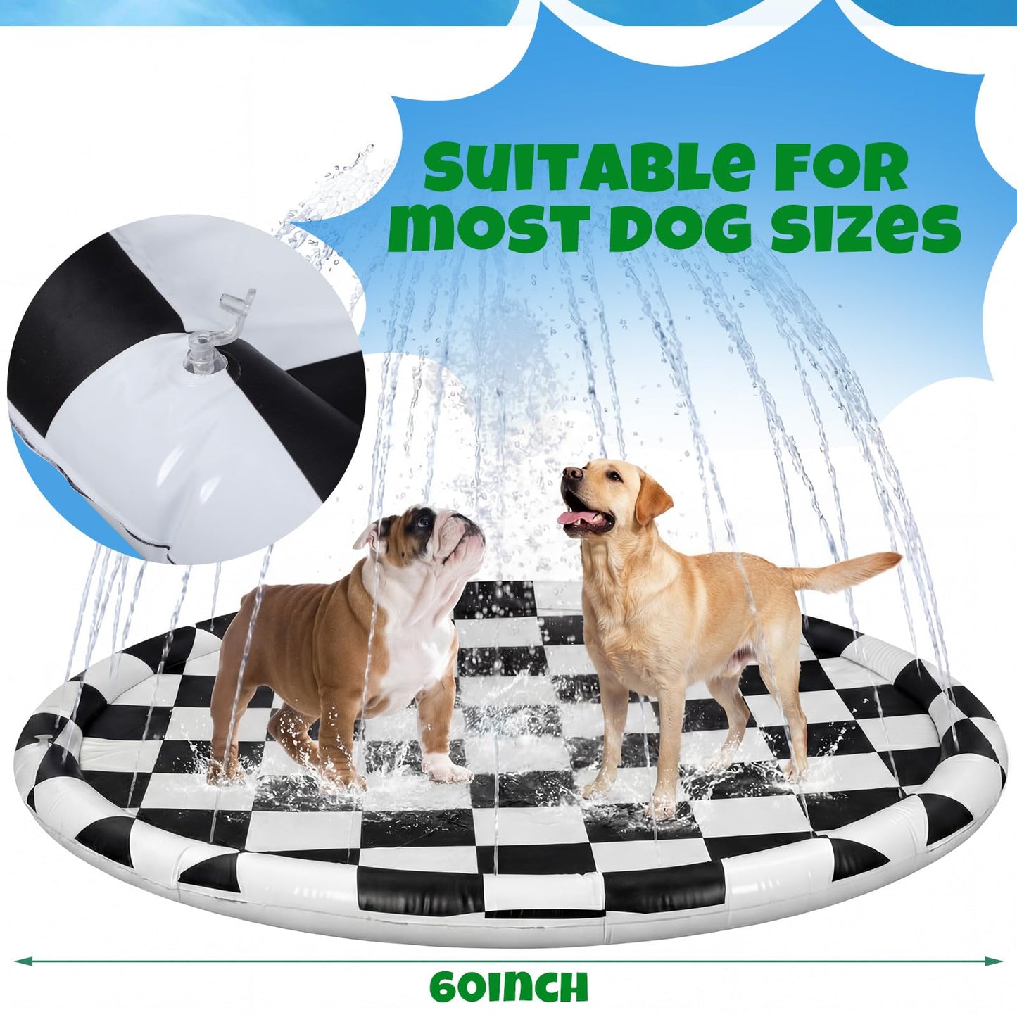 Skylety 60" Black White Checkered Non-Slip Kids Dog Splash Pad Sprinkler Large Splash Pad Sprinkler Fountain Play Mat Summer Outdoor Water Toys for Pet Dog Kids Toddlers Backyard