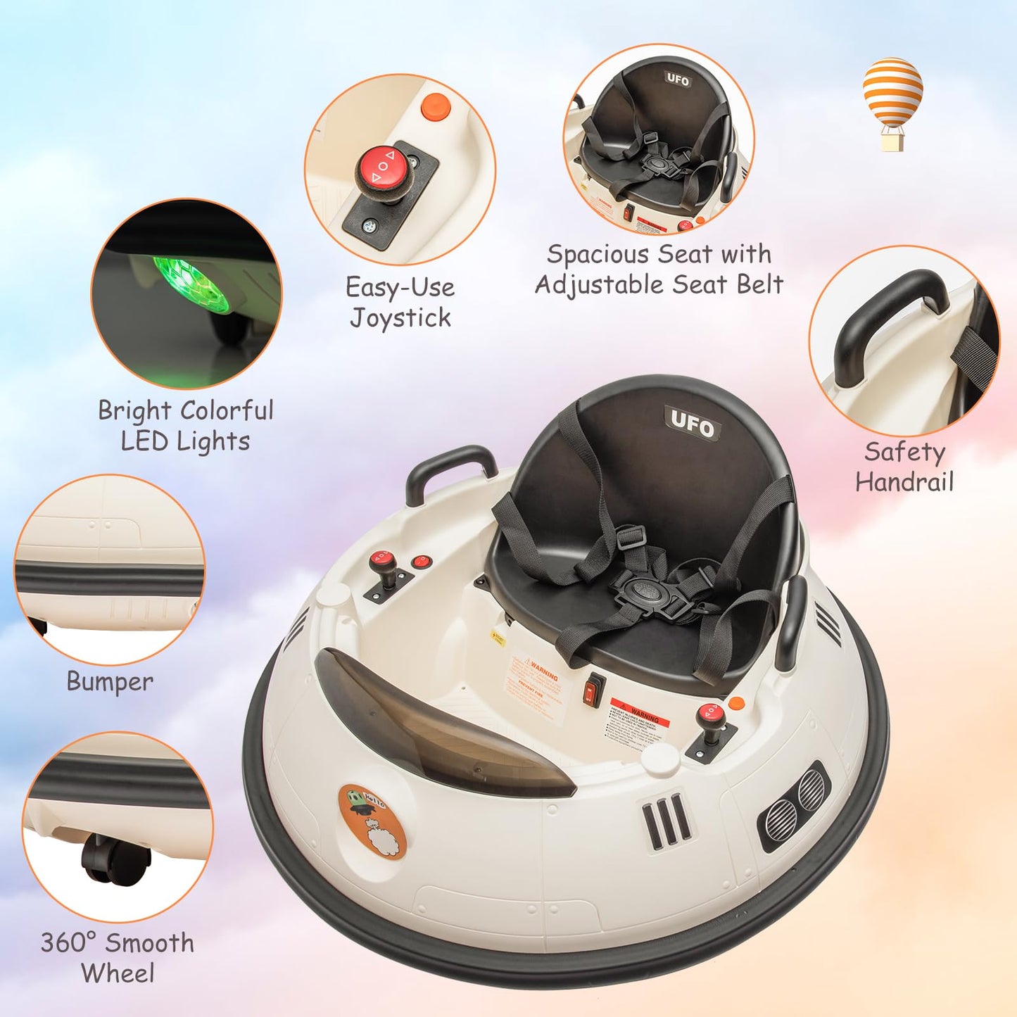 Ride On Bumper Car, 12V Electric Toddlers Car with Remote Control, Safety Belt, Music, Flashing Lights, 360 Degree Spin, Bumper Car for Toddlers,Kids,White