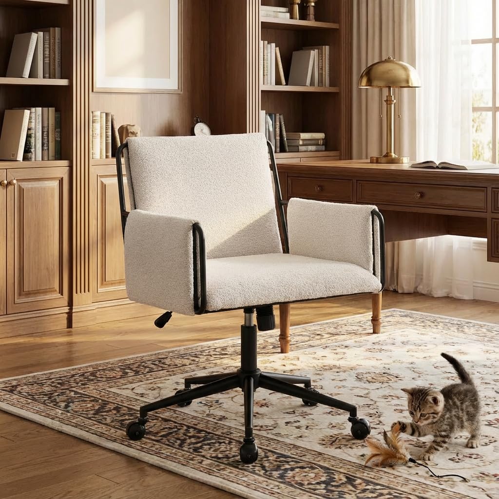 YOUNIKE Wide Seat Home Office Chair, Modern Desk Chair with Comfy Back & Thick Cushion, Fabric, Metal Base, Height Adjustable, Swivel Rolling Task Chair with Wheels for Study/Vanity/Bedroom, Beige