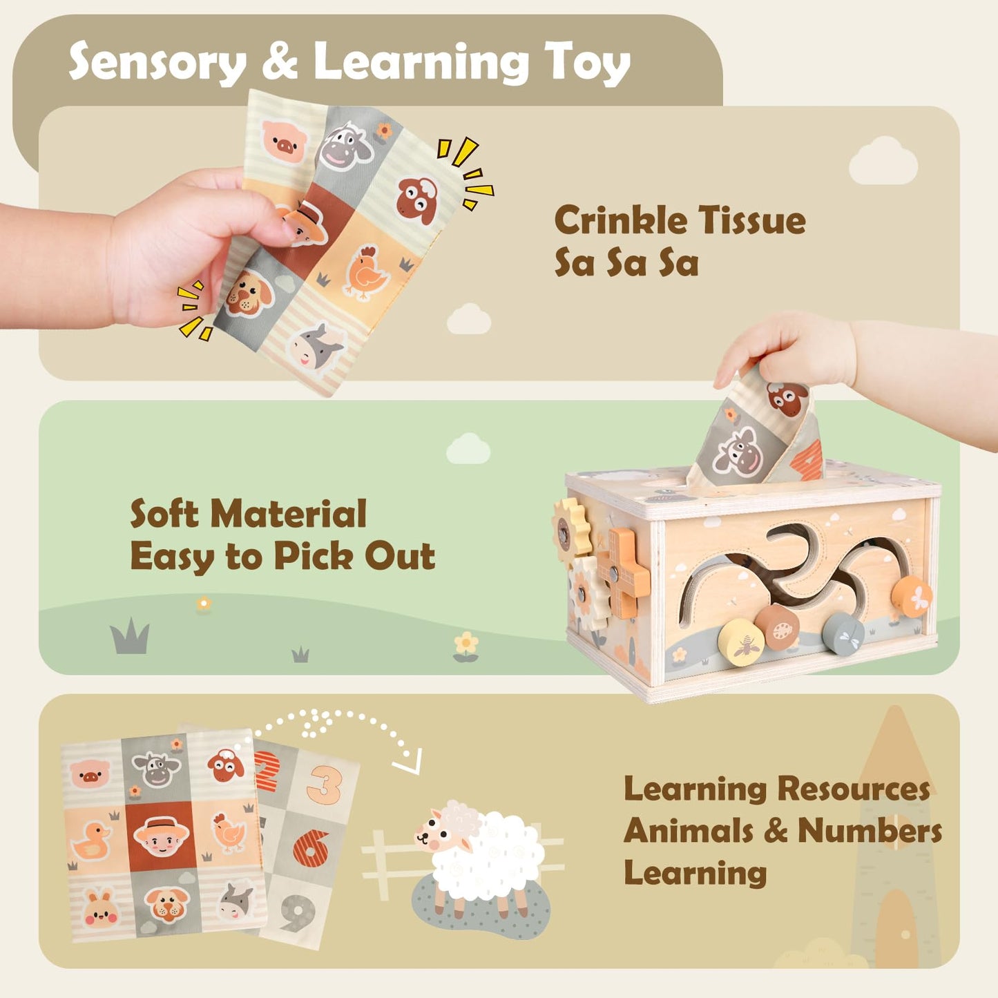 DINORUN Baby Tissue Box Toy - Baby Toys 18 Months 2 3 4 Years Montessori Toys for Babies 18 Months with Crinkle, Infant Activity Cube Sensory Christmas Stocking Stuffers Learning Toy for 2 3 4 Years