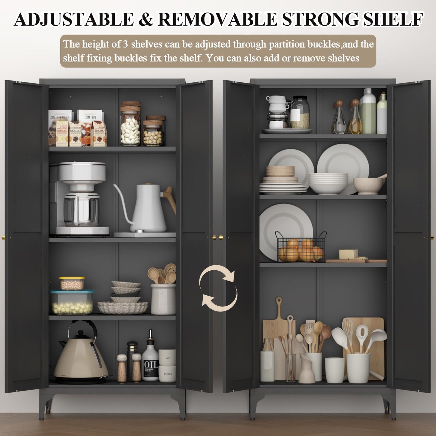 FATIGOS 65" H Kitchen Pantry Storage Cabinet, Black Metal Storage Cabinets with 2 Doors and Adjustable Shelves, Kitchen Storage Cabinet, Cupboard for Dining Room, Living Room and Bathroom