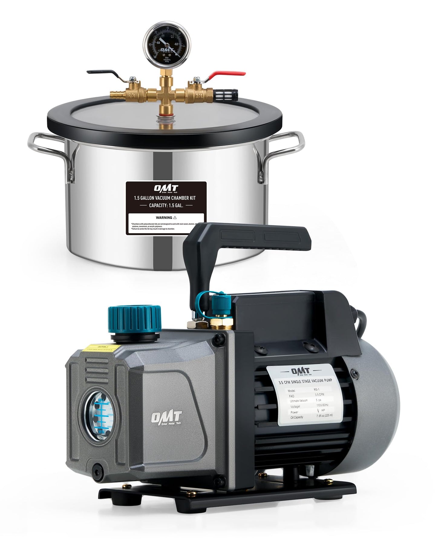 Orion Motor Tech 1.5 Gal Vacuum Chamber with Pump Kit, 3.5 cfm Vacuum Pump and Chamber Kit with Tempered Glass Lid 5 ft Hose, Vacuum Degassing Chamber Kit for Stabilizing Wood Degassing Silicone Resin