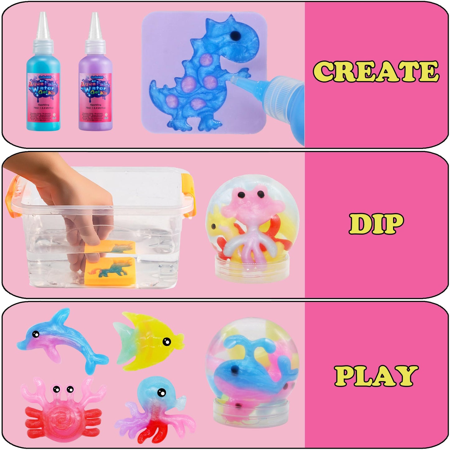 Golinkid Magic Water Elf Toy Kit, 20 Bottles 24 Molds 70ML Aqua Fairy Water Gel Kit with Sparkling Magic Gel Glow in the Dark, Crate Your Own Magic Water Pets Aqua Fairy Craft Kits for Kids