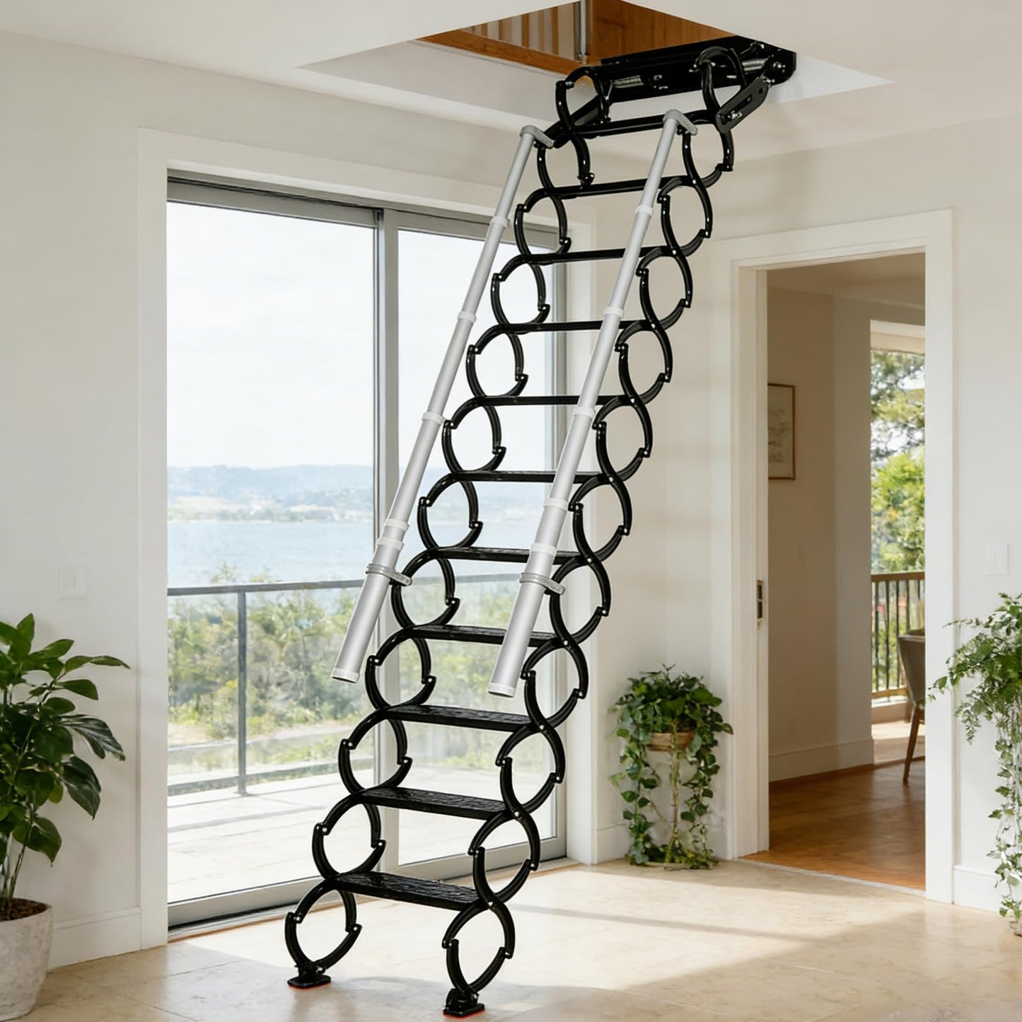 Wall Mounted Folding Ladder with Handrails, Pull Down System Attic Stairs, Telescopic Attic Ladder, Applicable Height 9.6-10ft, Attic, Basement, Warehouse, Passage Folding Stair (Black, 12 Steps)