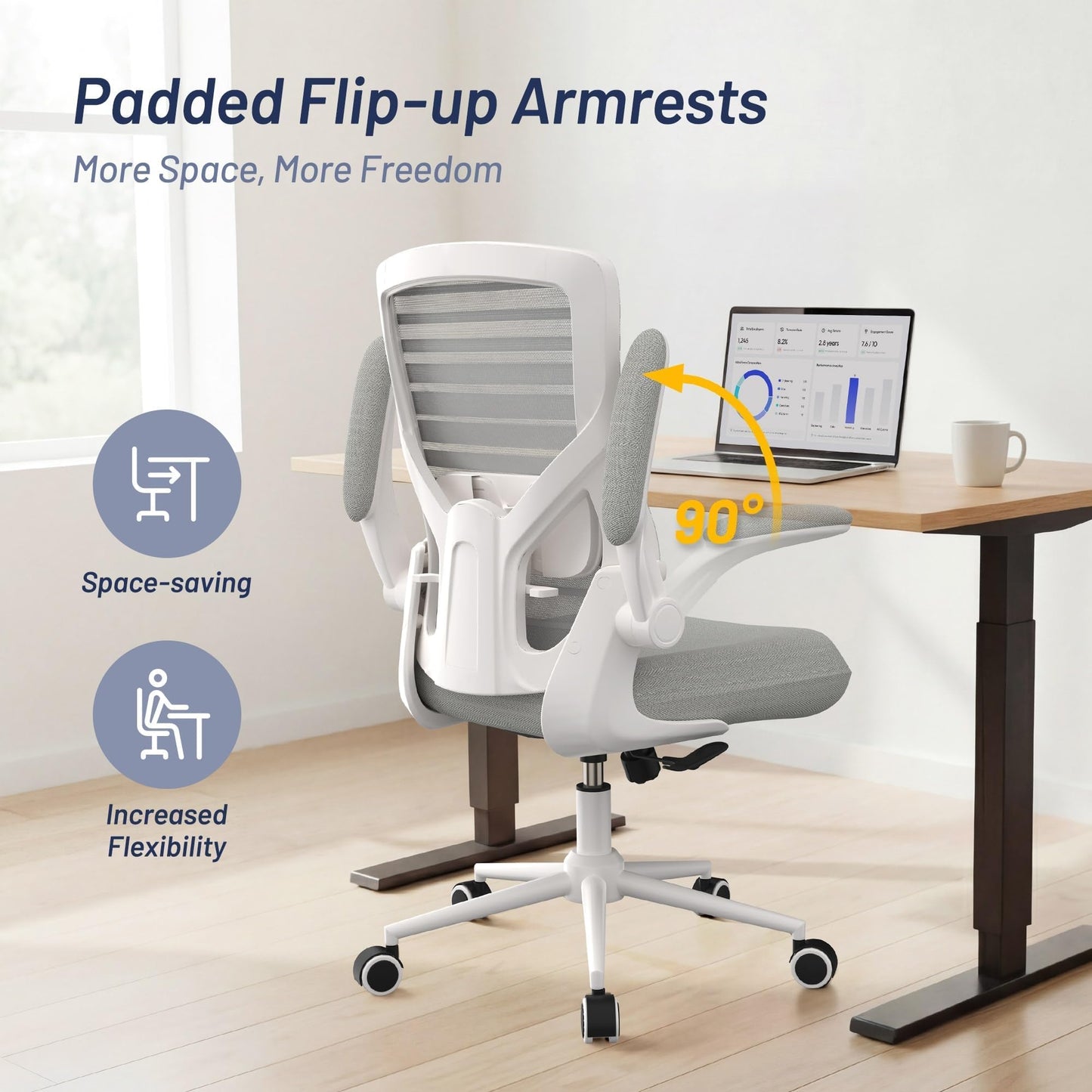QLTPLUS Office Chair for Long Hours & Lower Back Pain Relief – 4" Thick Molded Foam Cushion, Enhanced Lumbar Support, Flip-up Armrests, Light Gray
