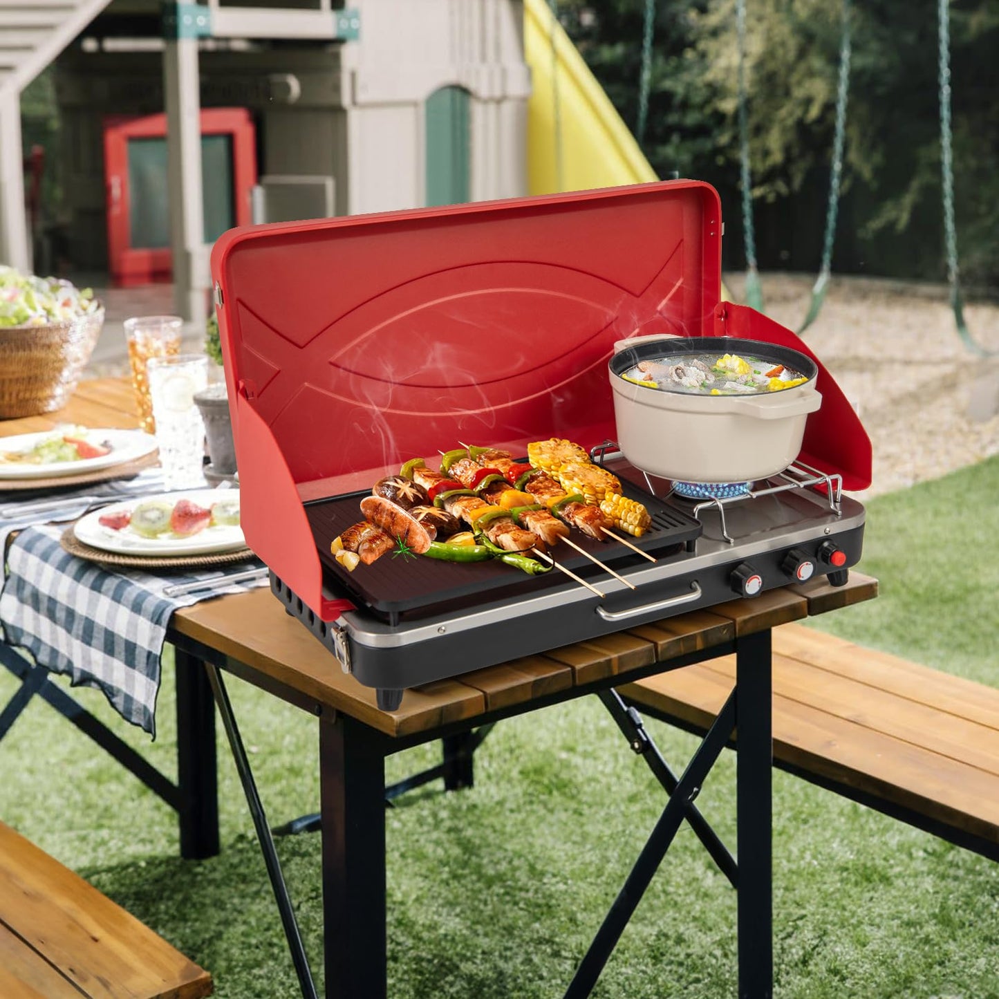 Moccha 2-Burner Propane Camping Stove - Portable Camp Grill w/Dual Control Knobs, Detachable Legs, 3-Sided Wind Screen, 20,000 Total BTUs of Power, Outdoor Grill Stove for Tailgating BBQ Picnic (Red)