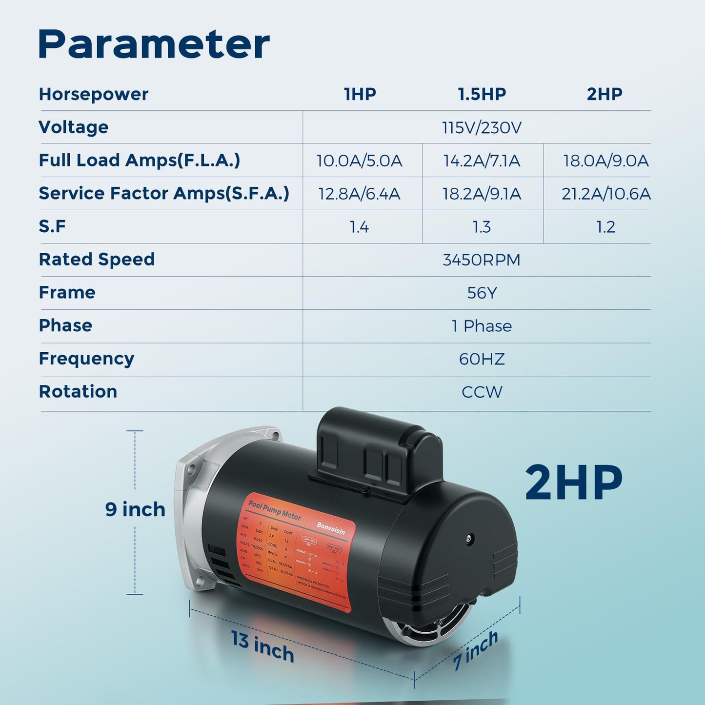 Bonvoisin 2HP Pool Pump Motor 56Y Frame 3450 RPM CCW Rotation Square Flange Replacement Motor with 80μF/300V Capacitor for Above Ground and Underground Swimming Pools 115V/230V