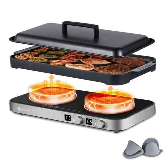 AMZCHEF Double Induction Cooktop with Removable Griddle Pan Non-stick, 1800W 2 burner Portable Induction Stove With Sensor Touch 9 Power Levels, 99 Min Timer, Iron Grey