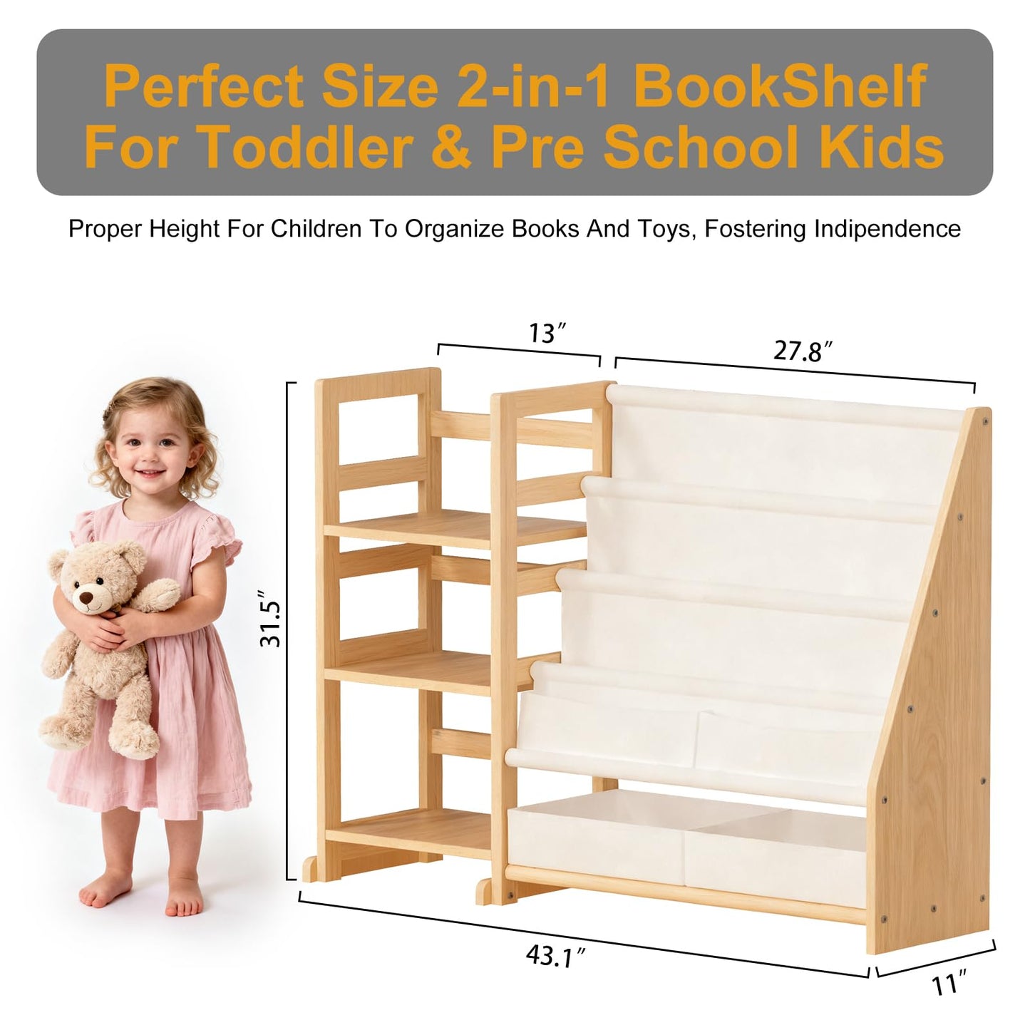 CACEJO Kid Bookshelf and Toy Storage Organizer - White 3 Tier Wooden Kids Book Shelf for Kids Rooms, Toddler Bookshelf Baby Bookcase for Nursery Class Room, Play Room- Cream White
