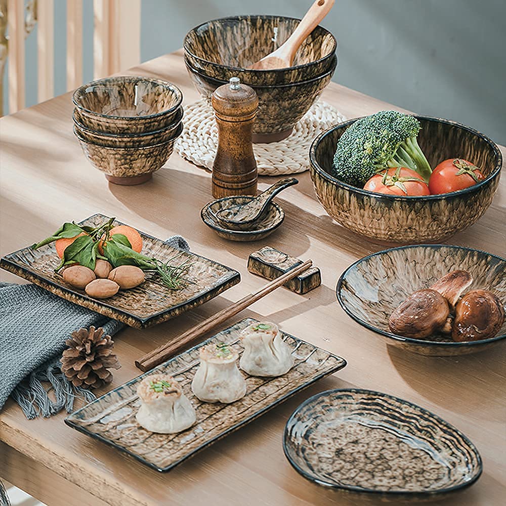 EliteBloom Leopard Glaze Dinnerware Sets, Japanese Creative Plate and Bowl Sets, Dish Set Service for 8 for 2, 6, 10 People, Microwave Oven Dishwasher Safe, High-End Ceramic K