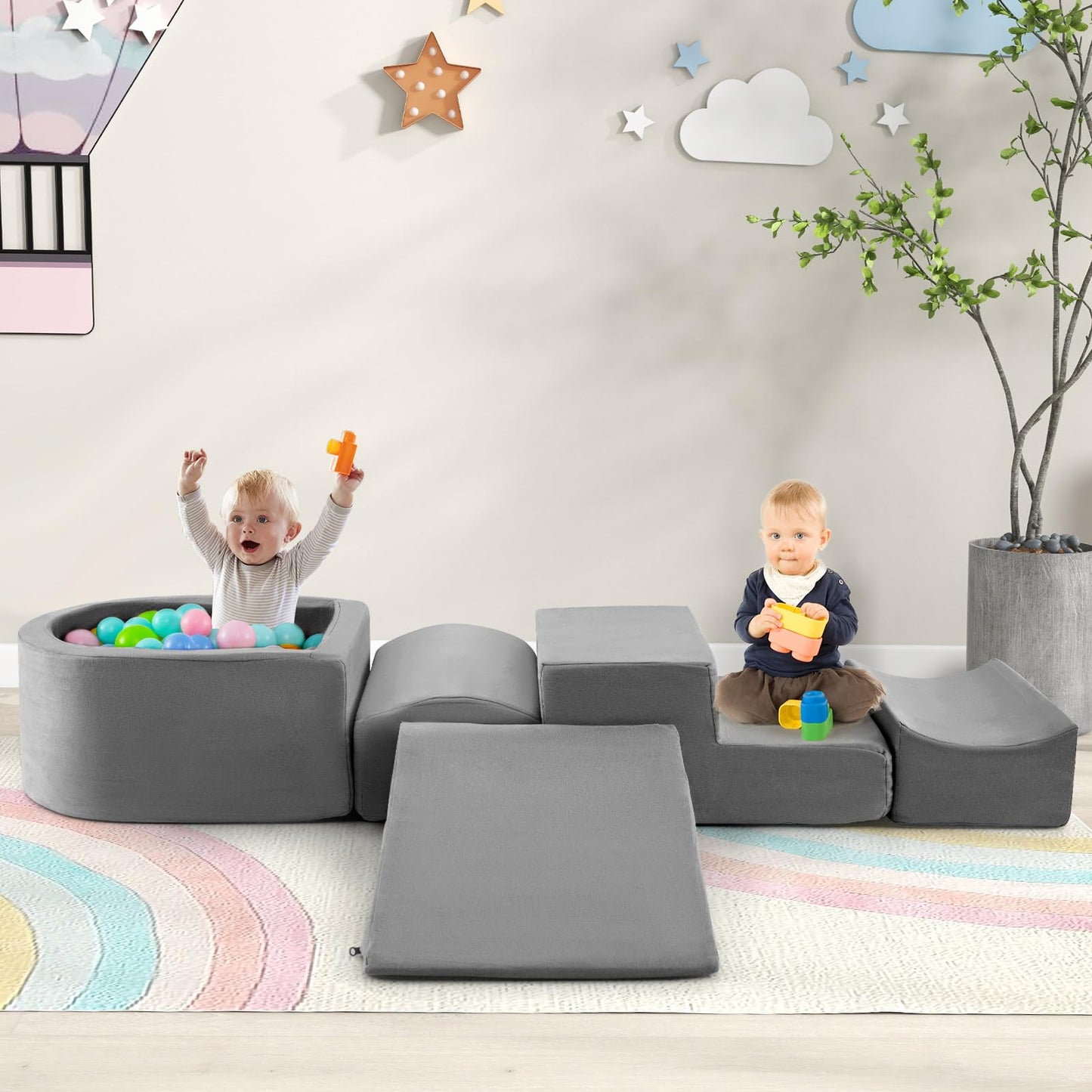 Costzon Toddler Climbing Toys Indoor, 5 Pieces Foam Climb and Crawl Playset w/Kids Ball Pit & Detachable Machine-Washable Covers for Playroom Children Room, Soft Play Climbing for Toddlers (Gray)
