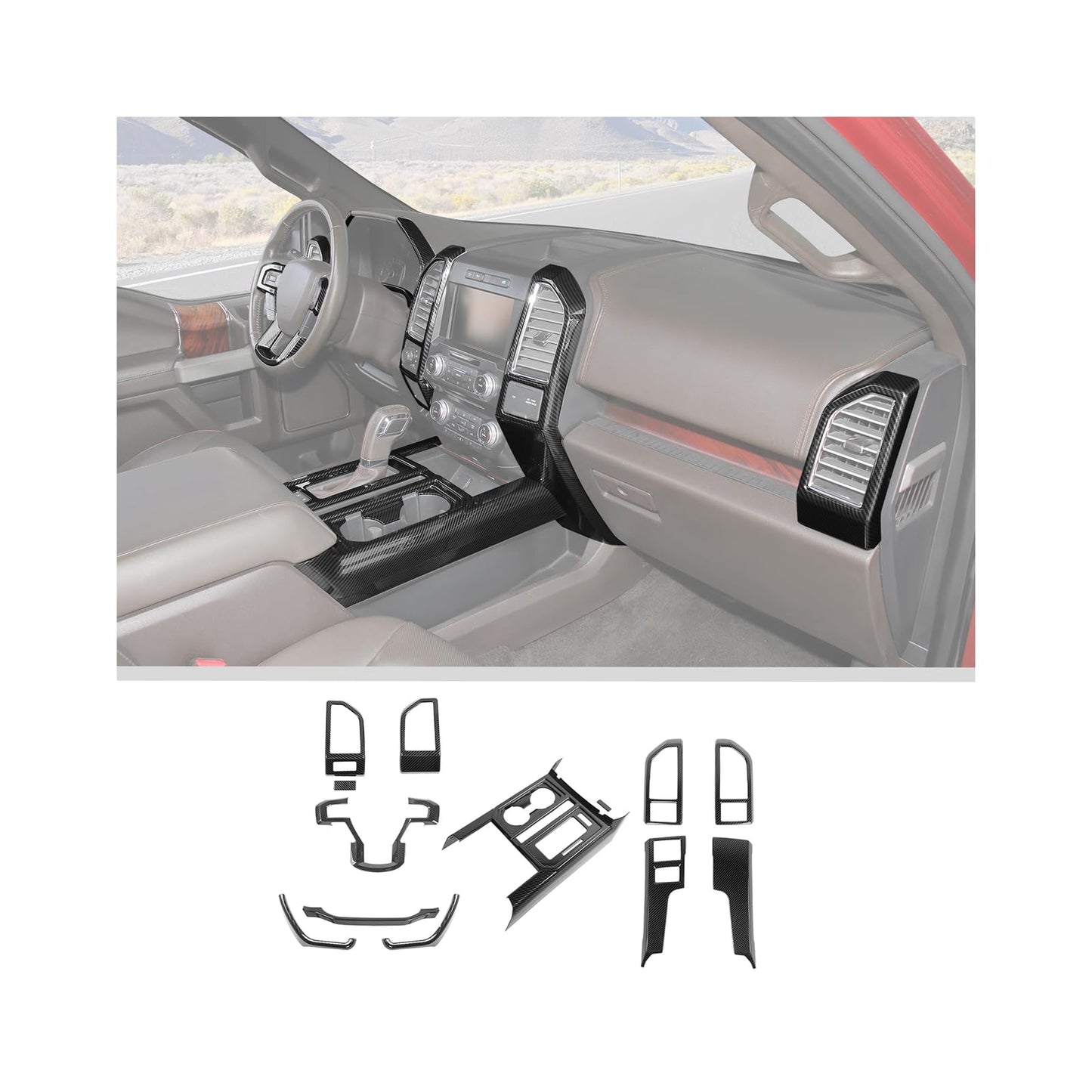 JWWY Dashboard Carbon Fiber Interior Trim Kit Cover Fit for 2015-2020 Ford F150 F-150,Side Outlet Vent Cup Holder Navigation Panel Cover for F150 Interior Accessories,13Pcs