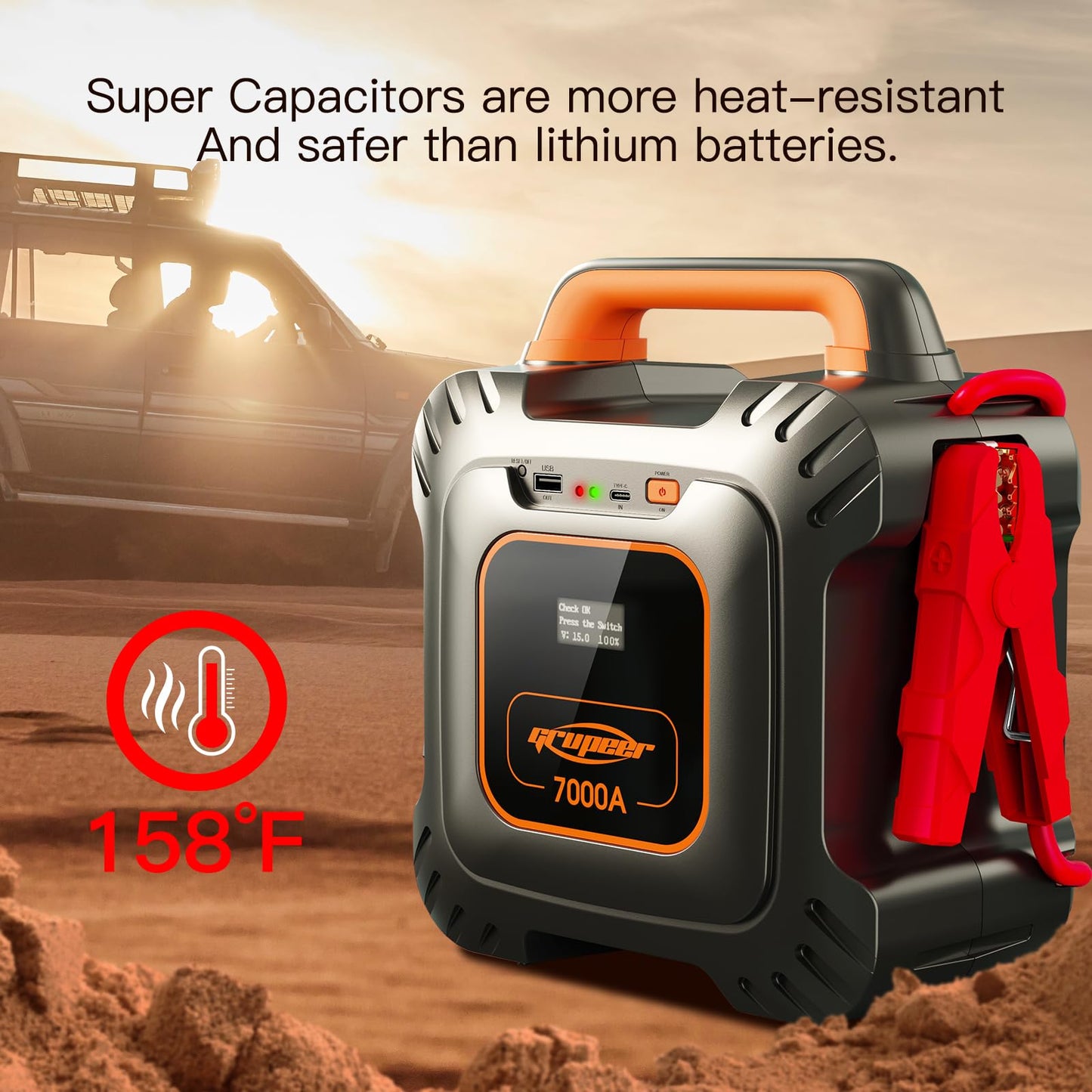 Grupeer GR7 7000Amp Jump Starter Powered by 6 * 3000F Super Capacitors, Batteryless Portable Jump Box, SuperSafe 12V Car Battery Booster Pack, Portable Charger and Jumper Cables for All 12V Car