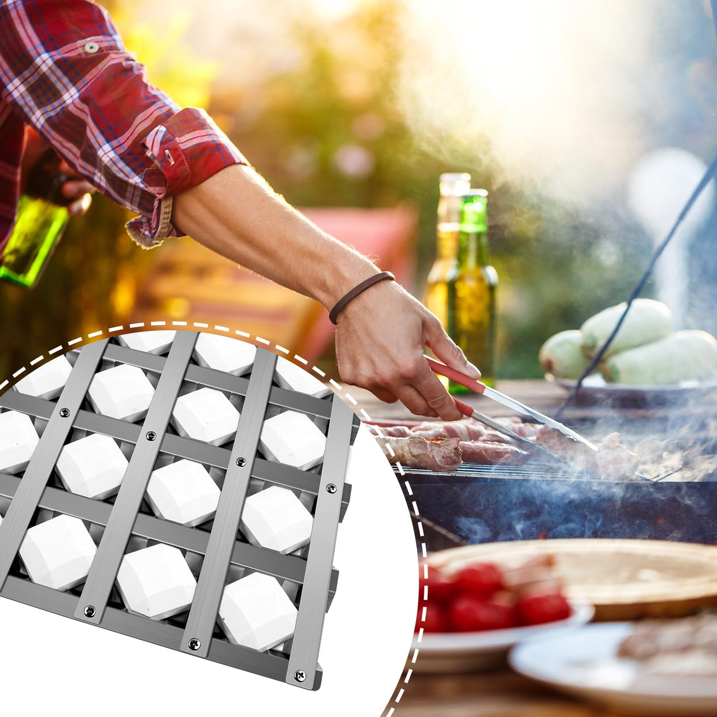 Kalomo Grill Briquette Tray Grill Heat Plates for Alfresco Grill ALX2-30C, ALX2-42C, ALX2-42RFG, ALX2-56, ALX2-56BFG, 17.8125" Stainless Steel BBQ Heat Shield Flame Tamer with 72 Ceramic Briquettes