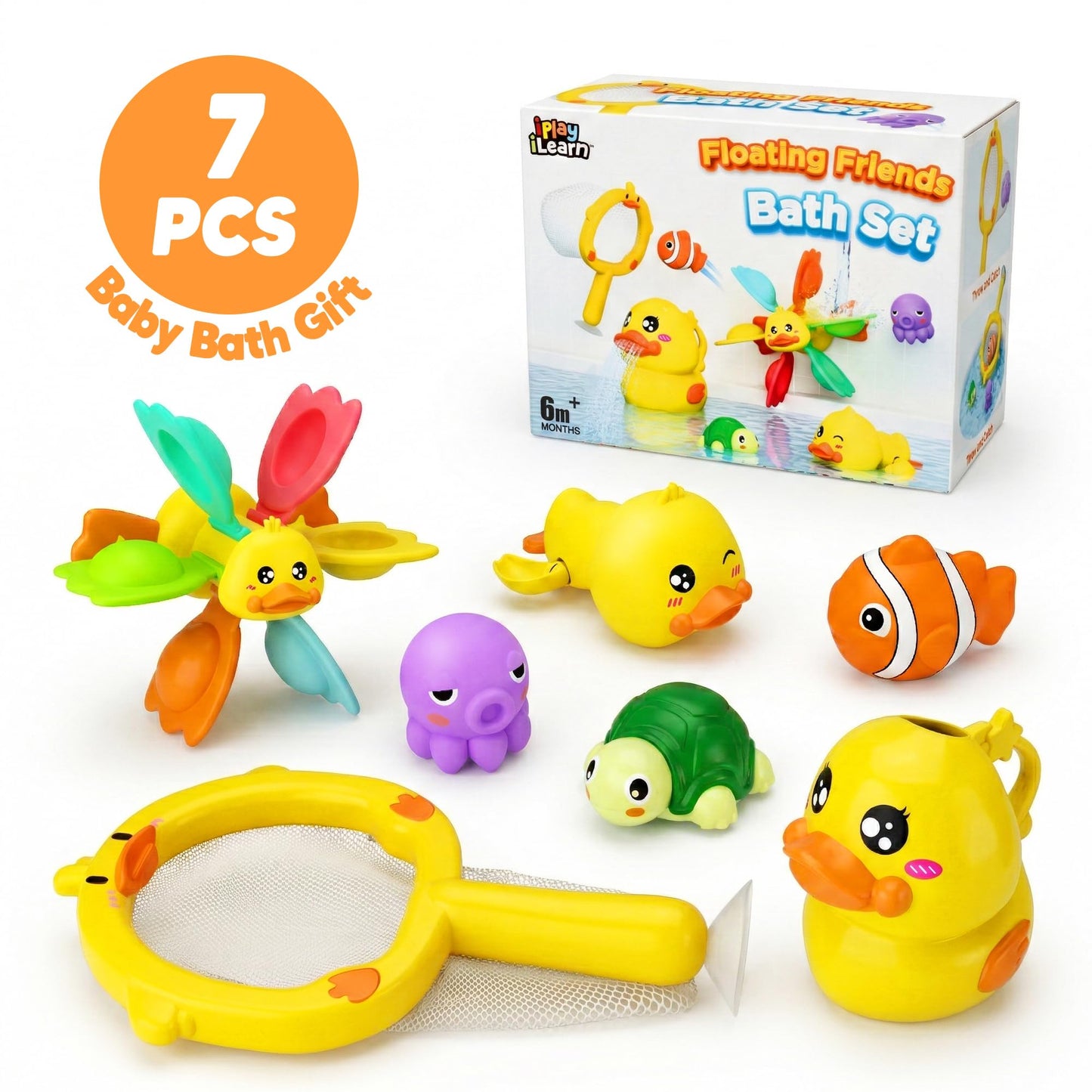 iPlay, iLearn Baby Duck Bath Toy, Toddler Bathtub Shower Toy W/ Suction Spin Gear, Floating Animals, Fishing Net Pool Water Play, Birthday Easter Gift 6 12 18 Month Infant 1 2 3 Year Old Kid Boy Girl