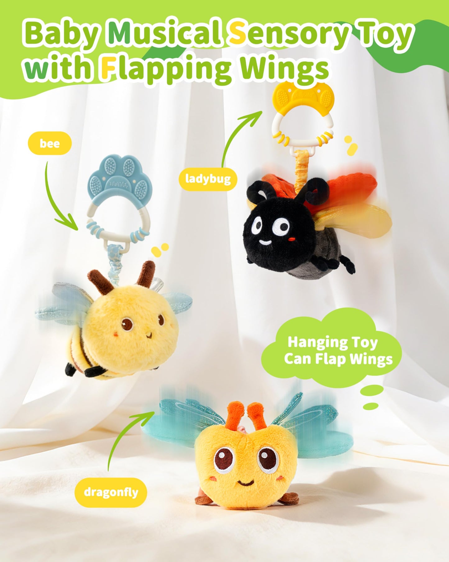 Jollybaby Musical Flying Dragonflies Toy - Car Seat, Stroller, Crib & Play Gym Hanging Toys for Baby 0-6-12-24 Months, Tummy Time Sensory Music Toy for Infant Boys and Girls Gifts
