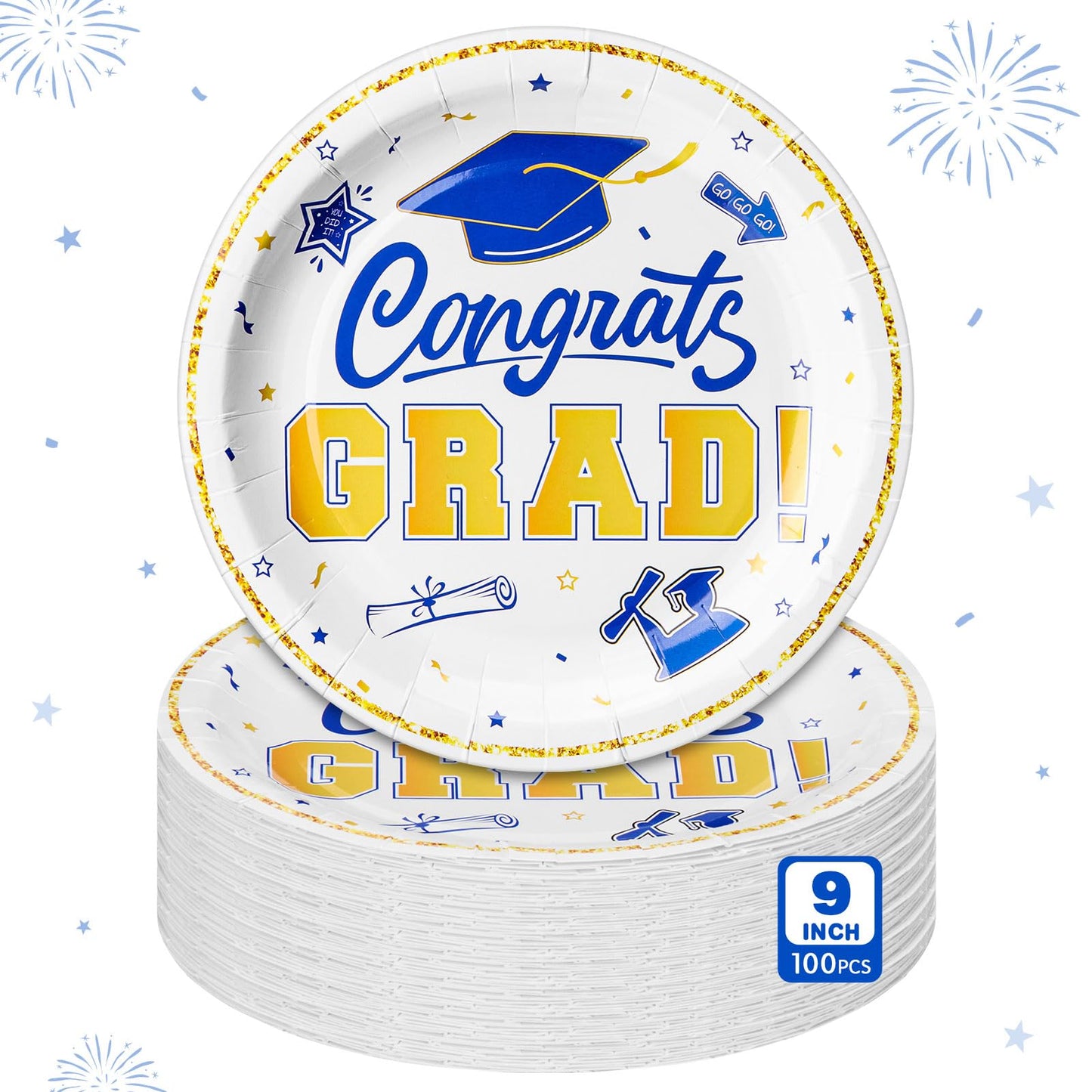 Sabary Blue White Gold 100 Pcs Graduation Paper Plates 2026 9 Inch Graduation Party Supplies Class of 2026 Decorations Congrats Grad Plates Disposable Plate Tableware (Classic)