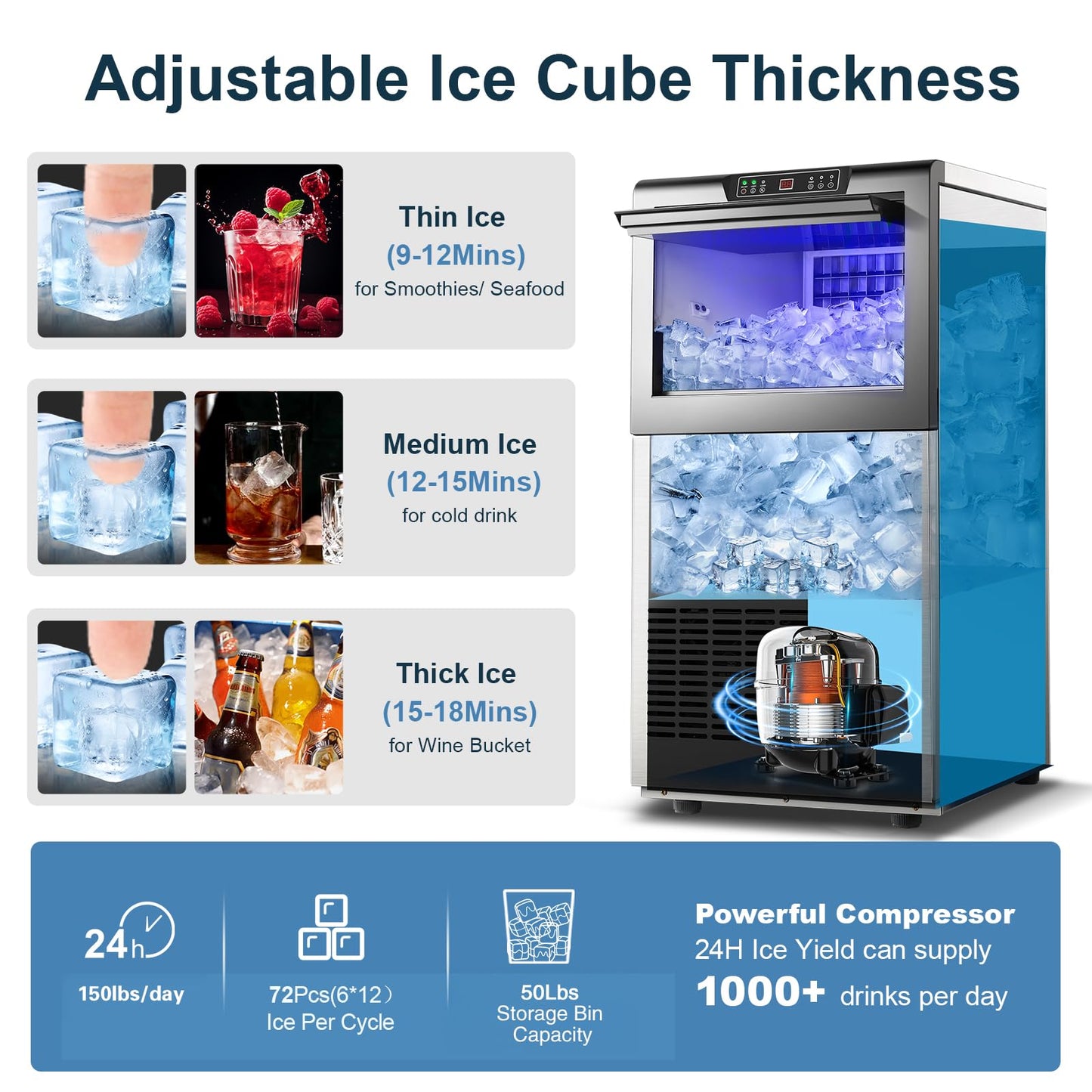 Amzgachfktch Commercial Ice Maker, 150lbs/24H Ice Maker Machine with 50lbs Ice Storage, Self-Cleaning, LED Digital Display, Blue Light, Under Counter/Freestanding Ice Machine for Home Bar Restaurant