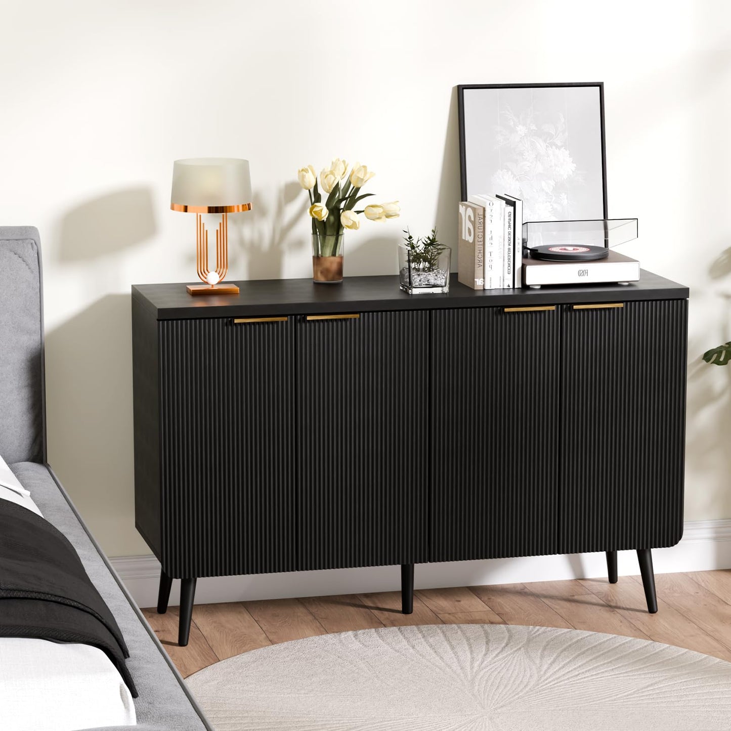 Trygoal 47.2" Wood Fluted Sideboard with 4 Doors, Modern Buffet Cabinet with Shelves, Multi-Space Storage Credenza Kitchen for Entryway, Dining & Living Room, Black