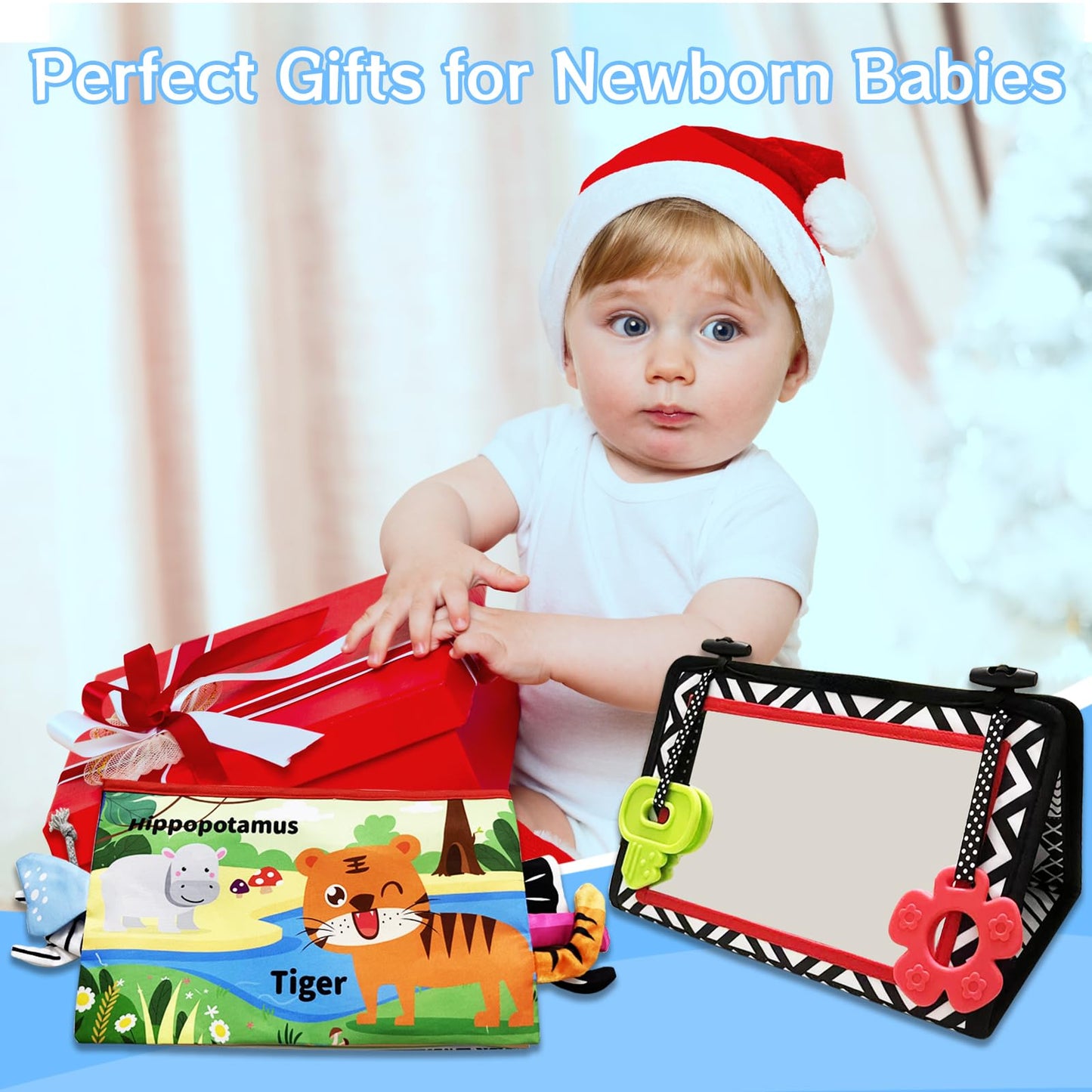 Autumety Tummy Time Mirror Newborn Toys: Black and White Infant Tummy Time Toys 0-3 0-6 6-12 Months Babies High Contrast Baby Toy with Book & Teethers Montessori Sensory Toy for Boy Girl Baby