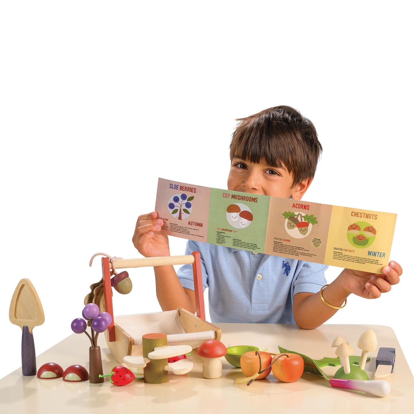 Tender Leaf Toys - Wild Wood Foraging Trug - Wood Nature Play Set with 15 Pretend Forest Finds - Includes Pocket Knife, Trowel, Recipe Leaflet - Encourages Imaginative Play, Sparks Curiosity - Age 3+