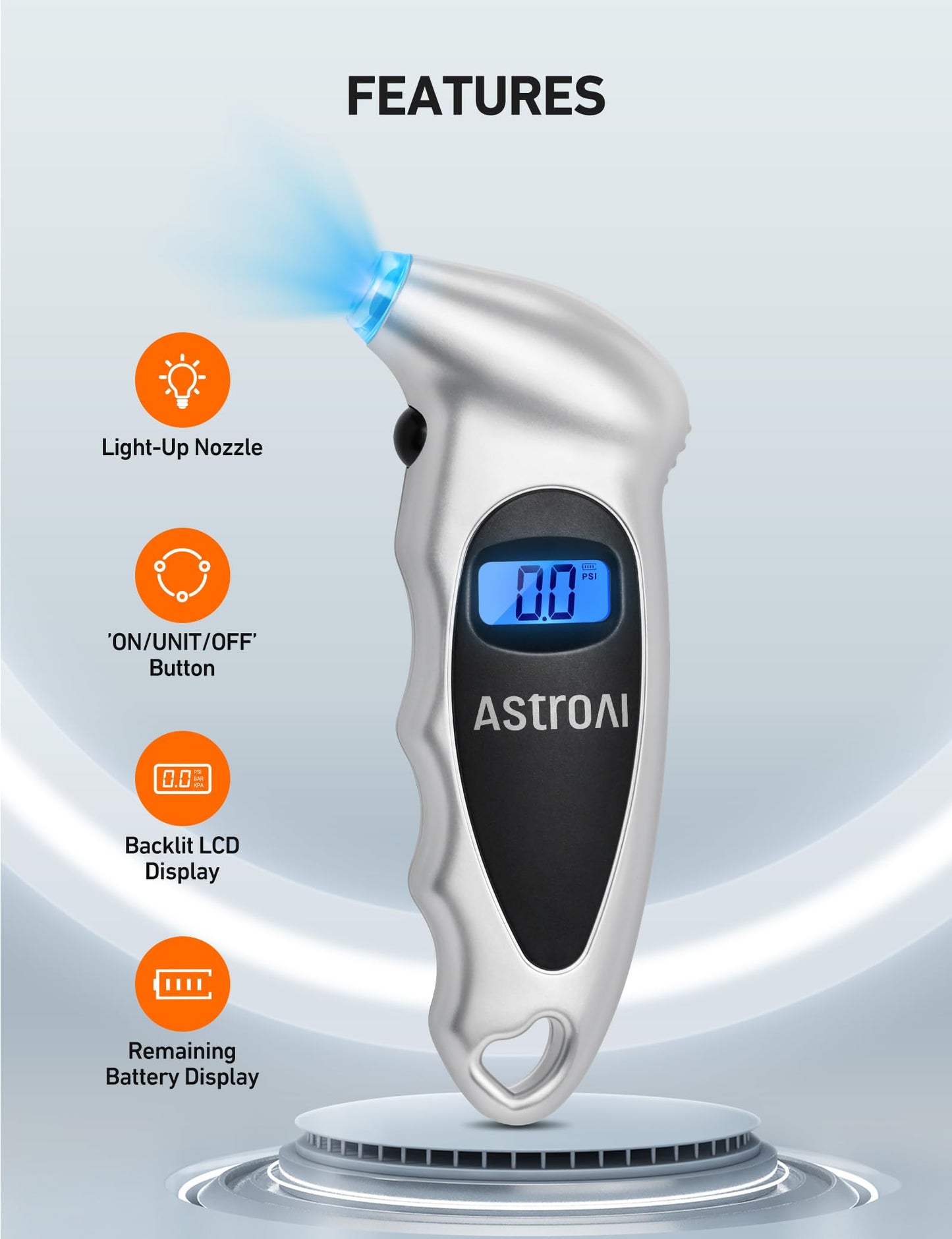 AstroAI Digital Tire Pressure Gauge 150 PSI 4 Settings for Car Truck Bicycle with Backlight LCD and Non-Skid Grip Car Accessories, Silver