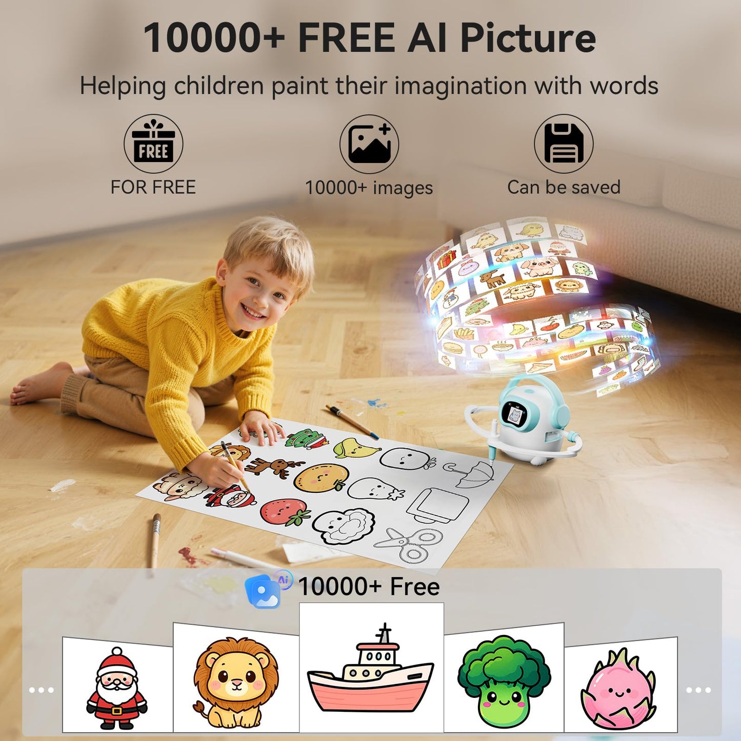 AI Drawing Robot for Kids, 10000+ Free AI-generated Images,Regularly updated image library,Educational Learning Toys for Boys & Girls Ages 3-8 ,AI Enlightenment Painting Toy for Birthday Gift (Cyan)