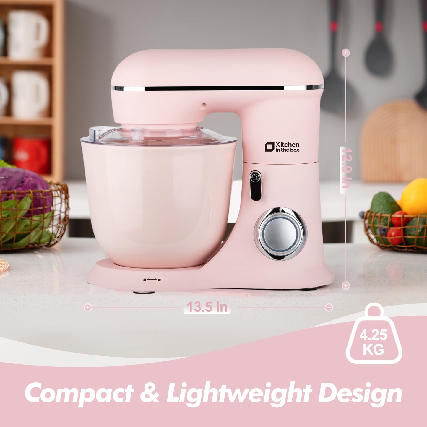 Kitchen in the box Stand Mixer, 4.5QT+5QT Two bowls Electric Food Mixer, 10 Speeds 3-IN-1 Kitchen Mixer for Daily Use with Egg Whisk,Dough Hook,Flat Beater (Rose Pink, 5QT)