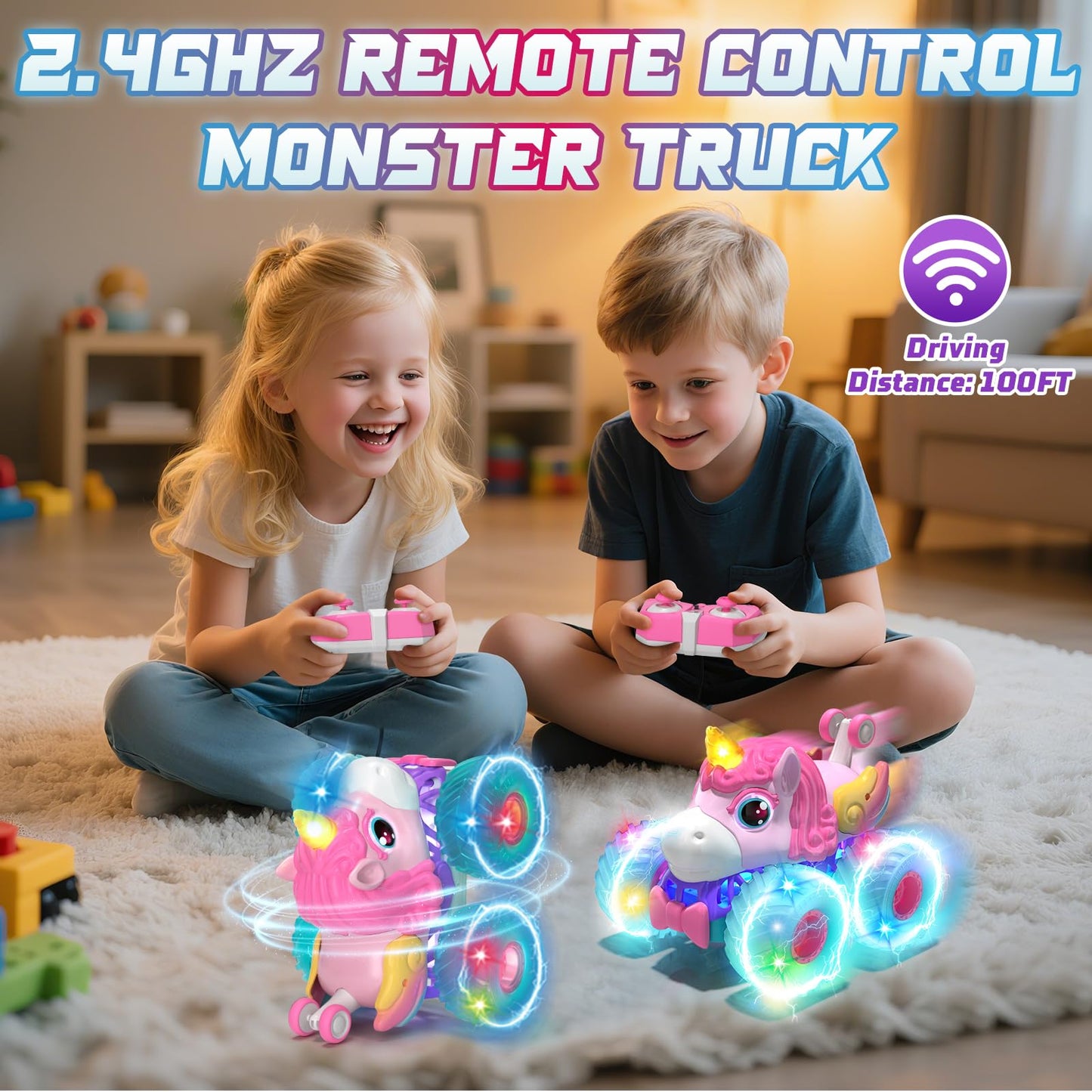 Lehoo Castle Remote Control Car for Girls 360° Rotating, Unicorn Monster Truck with Light & Music, 4WD All Terrain RC Stunt Car Rechargeable, 2.4GHz RC Truck for 3 4 5 6 7 8 Girls Birthday Gift