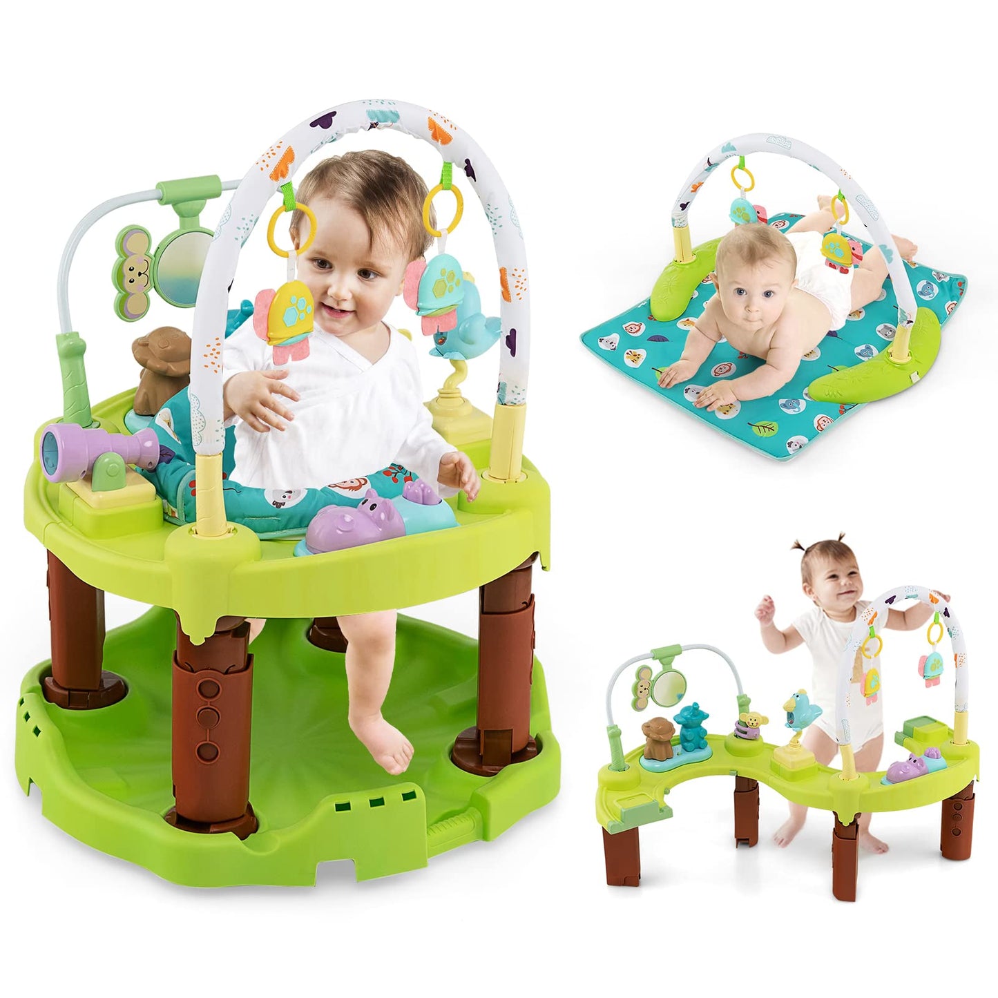 HONEY JOY Baby Bouncer Activity Center, 3-Stage Bouncing Activity Saucer & Playtime Mat & Activity Table, Toy-Bar, 3 Adjustable Heights, Foldable Activity Center for Infants & Toddlers(Green)
