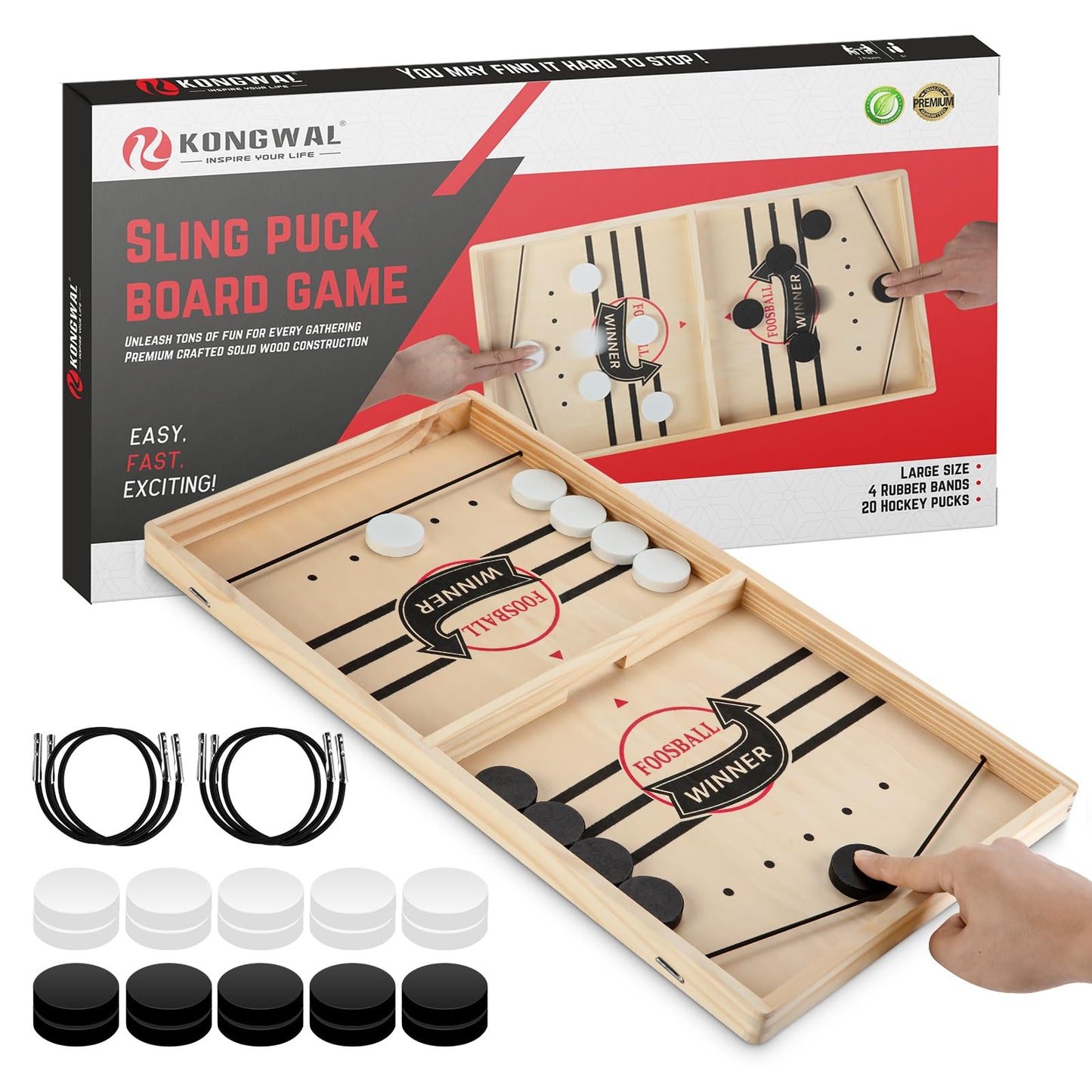 Fast Sling Puck Game, Wooden Air Hockey Board Game with 10 Spare Pucks & 2 Elastic Bands | 2 Player Table Fast-Paced Slingshot Games for Kids & Adults, Fun for Family Night or Friends Party