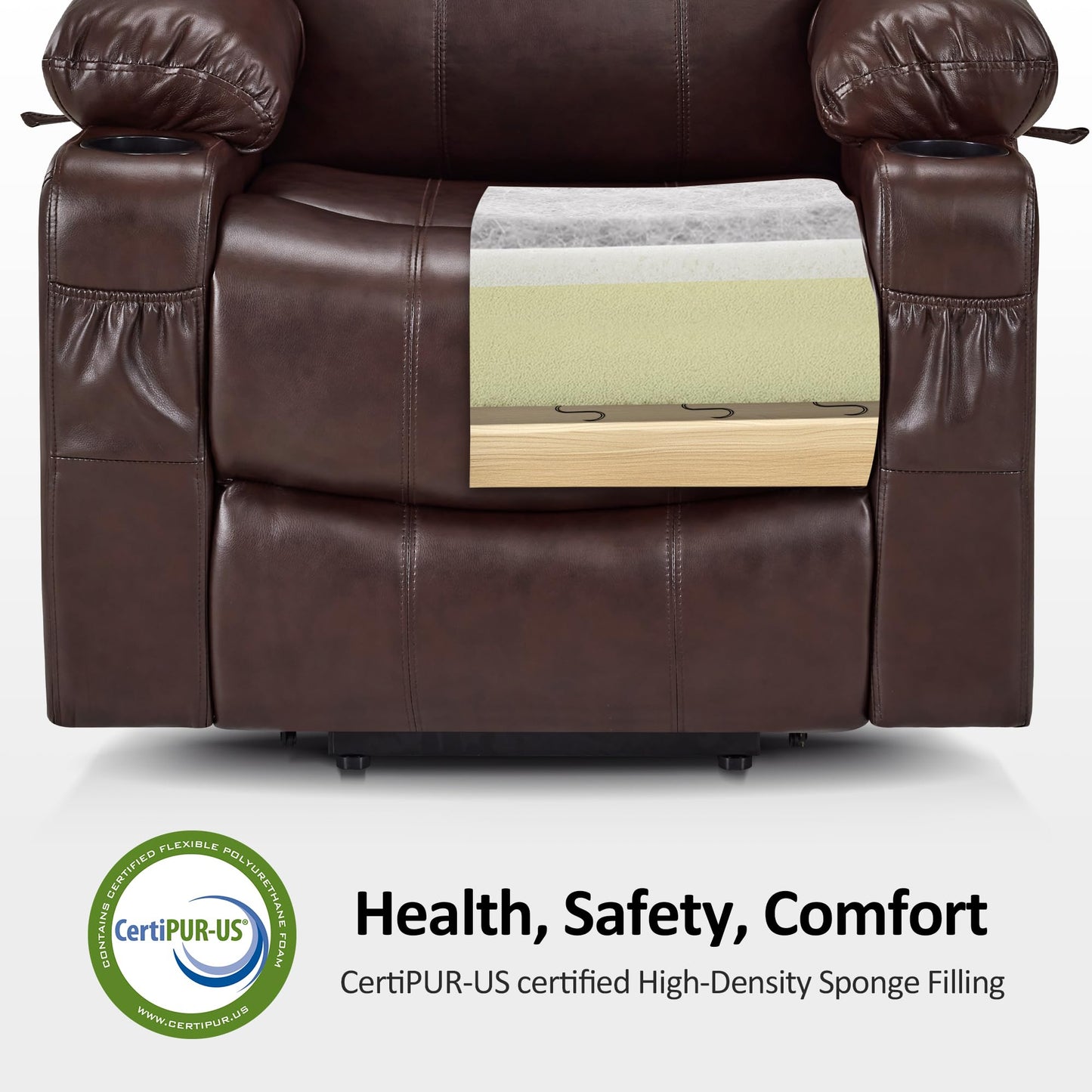 MCombo Large Power Lift Recliner Chair with Massage and Heat for Tall Elderly People, 3 Positions, Cup Holders, and USB Ports, Faux Leather 7516 (Large, Dark Brown)