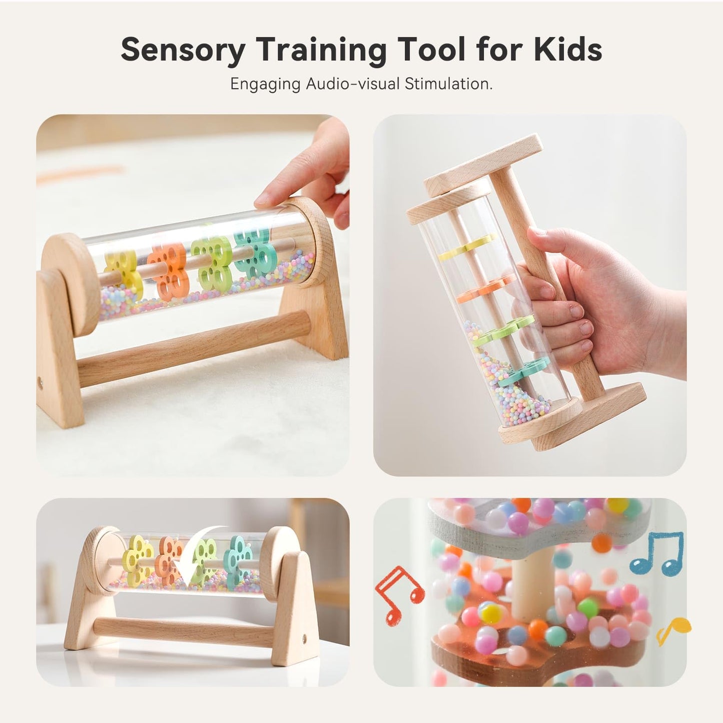 IEATFO Tummy Time Toys - Rain Stick Toy with Stand, Sensory Sound Training Tool for Kids - Wooden Spinning Drum & Rolling Rattle Combo
