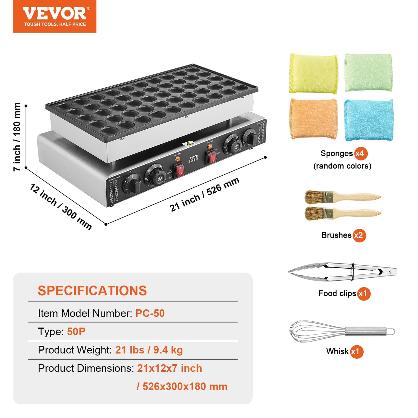 VEVOR 110V Mini Dutch Pancake Baker, 50PCS 1700W Commercial Electric Nonstick Waffle Maker Machine, 1.8 Inches Pancake Maker with 2 Thermostats & 2 Timers Separate Control, for Home and Restaurants