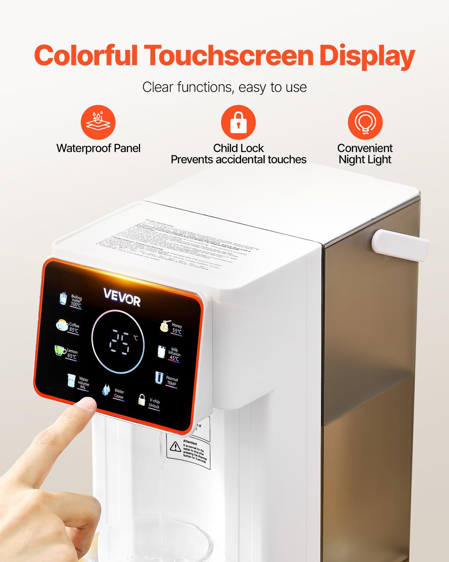 VEVOR Instant Hot Water Dispenser, Countertop Boiling Water Dispenser with Adjustable 6 Temperatures & 7 Water Volumes, 101oz Removable Water Tank, Quick Heating with Touchscreen & Child Lock for Home