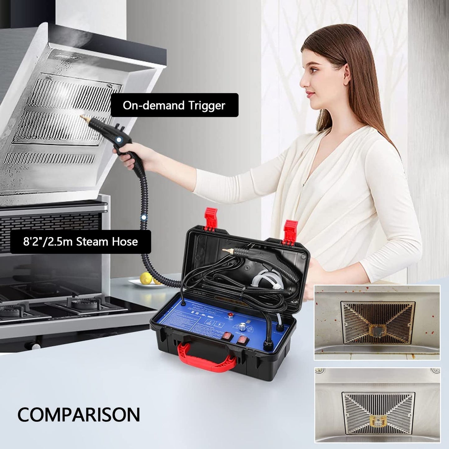 PCWLH Efficient 3000W Home High Pressure Steam Cleaner - Powerful Handheld Steam Cleaning Machine for Air Conditioning, Kitchen Hood Car - High Temp Steam