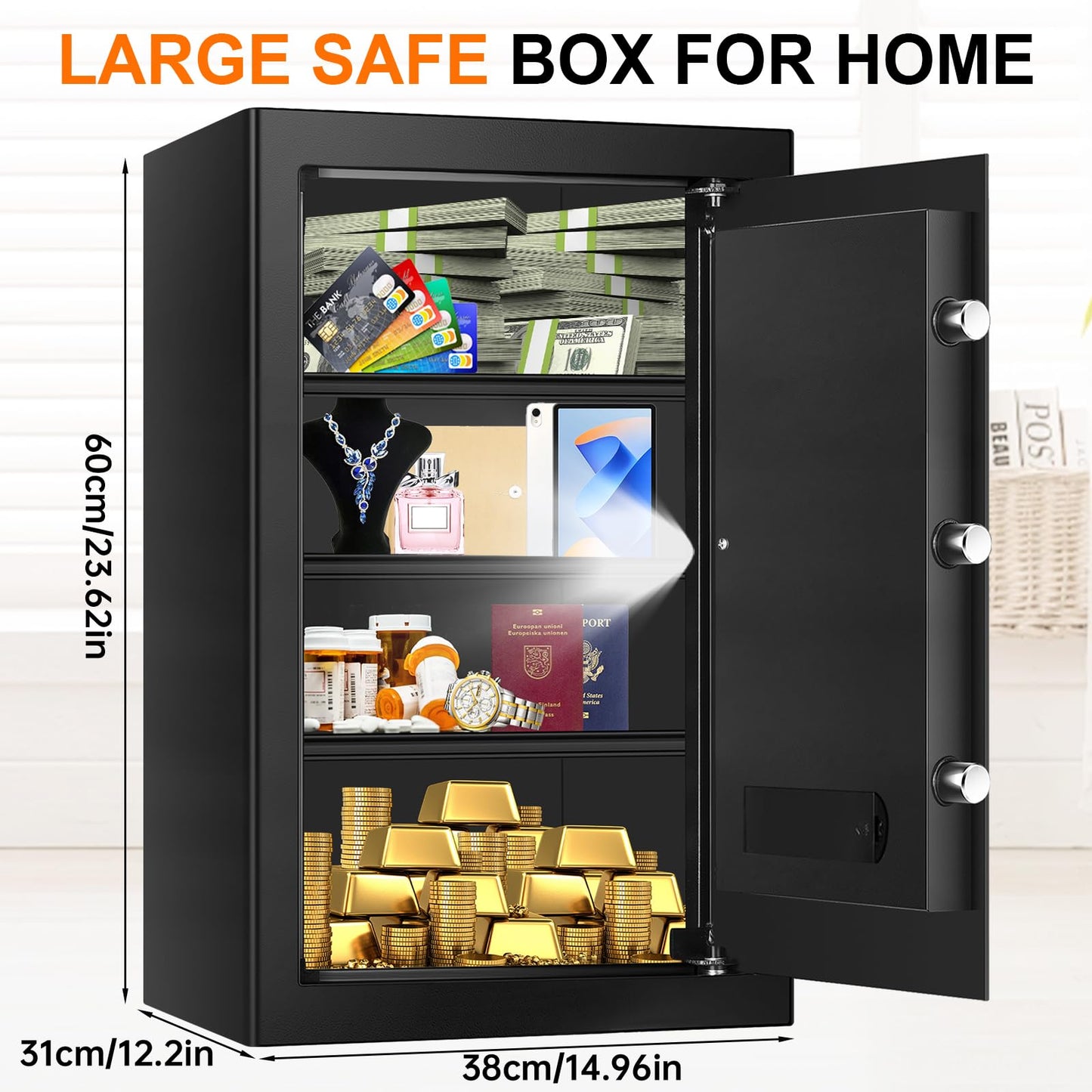 5.2 Cuft Large Fireproof Safe for Home Documents, Safety Box with Spare Keys, Alarm System & Removable Shelves, Home Safe Box Fireproof Waterproof for Money Medicine Jewelry