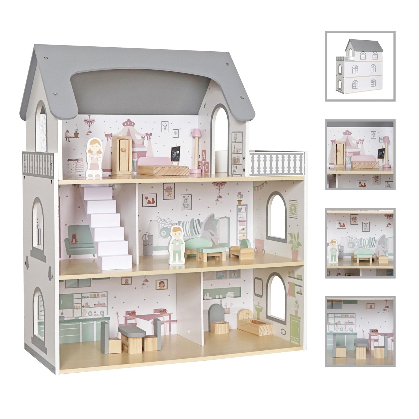 Wooden Dream Playhouse for Girls with Balcony,Doll House for Kids with Furniture,DIY Pretend Play House Toy, Children Dollhouses Toys with 12 PCS Accessories,Birthday Gifts for Boys Girls Ages 3+