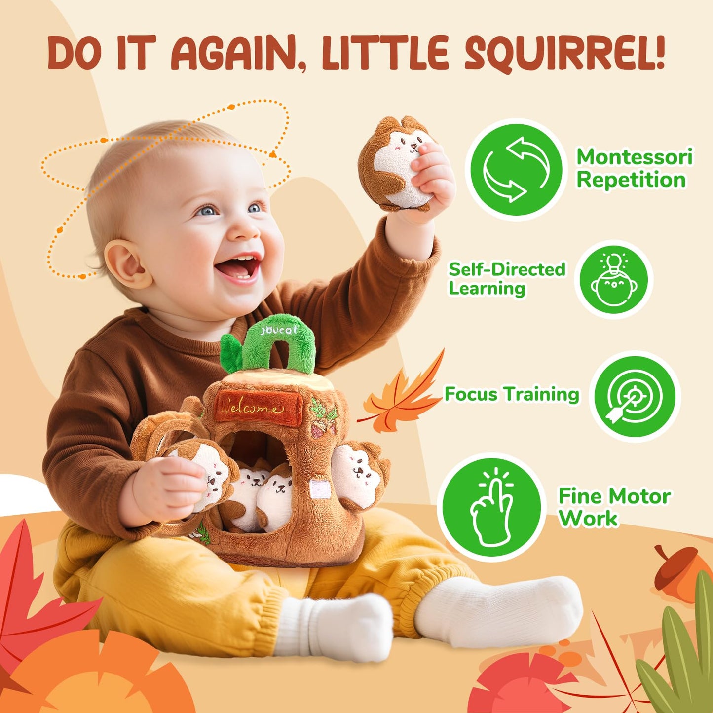 JoyCat Baby Toys 6-12 Months - Soft Baby Treehouse with 5 Sensory Squirrels - Rattle, Crinkle Paper, Squeaker, Mirror, Busy Montessori Soft Toys for Toddlers 0-3 Years Old - Easter Basket Stuffers