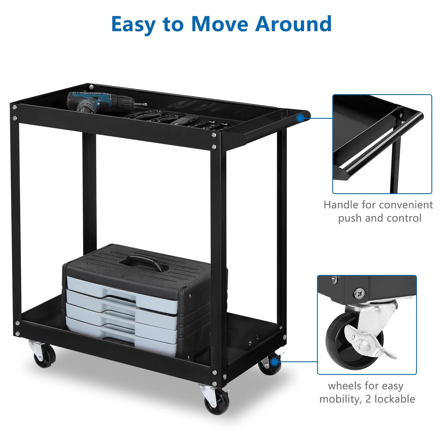 TUFFIOM 2 Tier Rolling Tool Cart,220 LBS Capacity Industrial Service Cart on Wheels w/2 Brake,Heavy Duty Steel Utility Cart,Tool Organizer for Mechanic,Garage,Workshop,Warehouse & Repair Shop