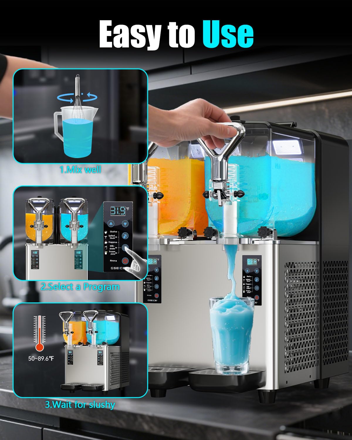 GSEICE Slushy Machine for Home, 1.6 Gallons Slushie Machine for Commercial & Home Use, 500W High Power Ice-Free Margarita Machine for Parties/Bars, Frozen Drink Machine with Quick Cooling System