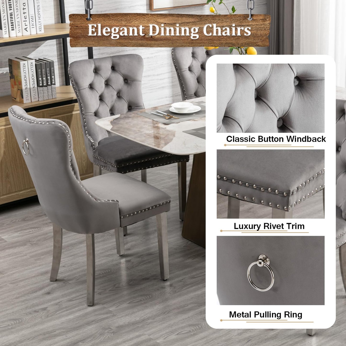 7-Piece Faux Marble Dining Table Set for 6, 63-94.5" Large Extendable Kitchen Table Set with 6 Grey Tufted Chairs, Modern Expandable Dining Room Table for 6 8 10 with Mirrored Double Column Base
