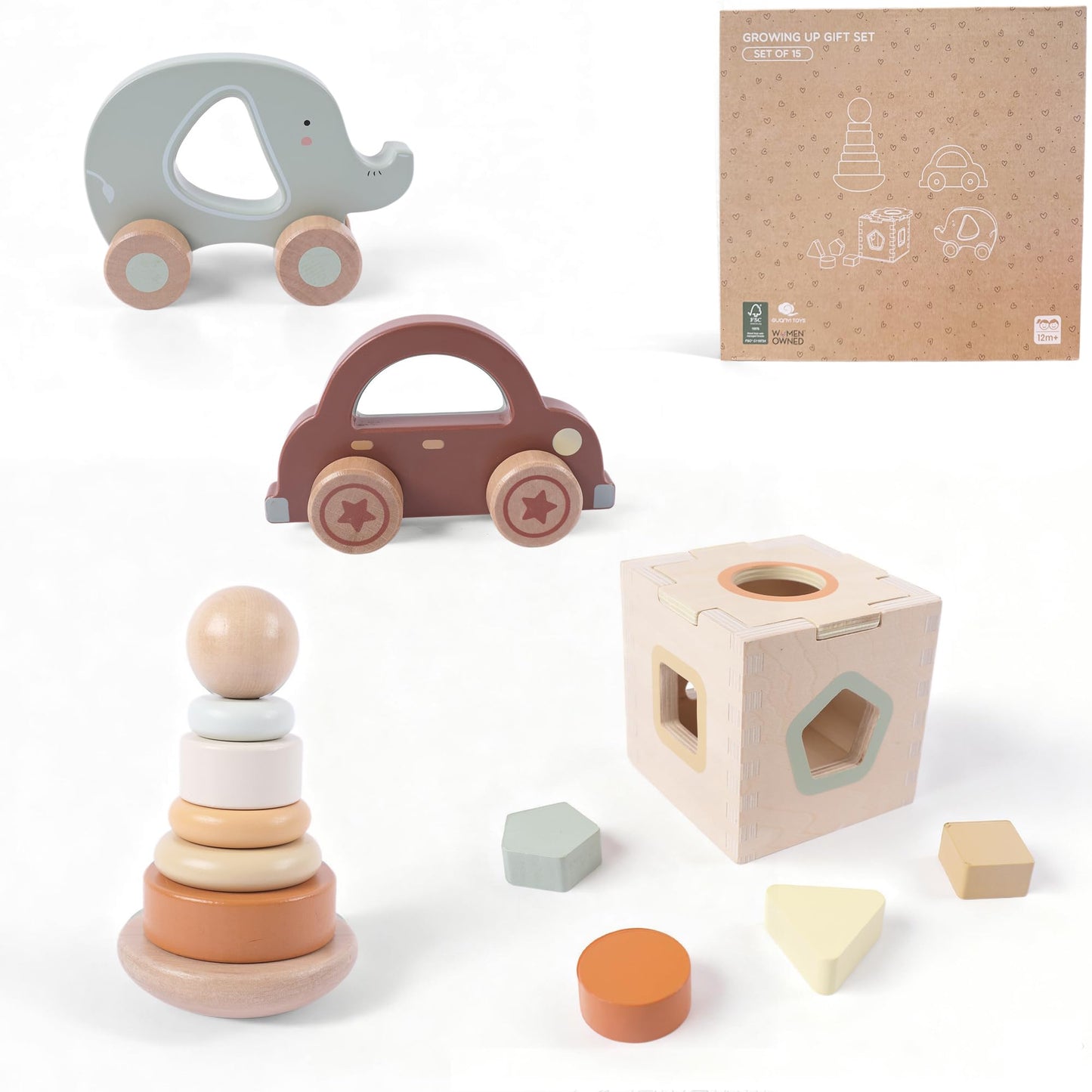 FReniland Wooden Baby Toy Set for 12M+, Montessori Grasping & Stacking Toys, Elephant & Car Sensory Toys, Natural Wood Fine Motor Skill Development Gift for Boys & Girls