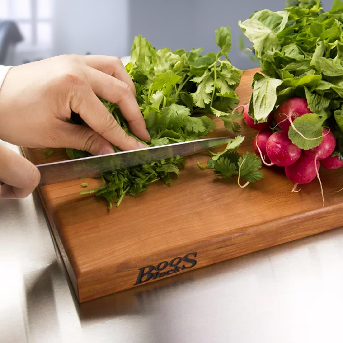 John Boos R-Board Series Rectangular Wooden Cherry Cutting Board 20”x15” – 1.5” Thick, 10-lb Reversible Butcher Block with Edge-Grain & Finger Grips – Made in the USA